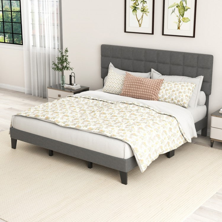 Modern Upholstered Linen Platform Bed Frame with Adjustable Headboard and Wood Slat Support – King Size