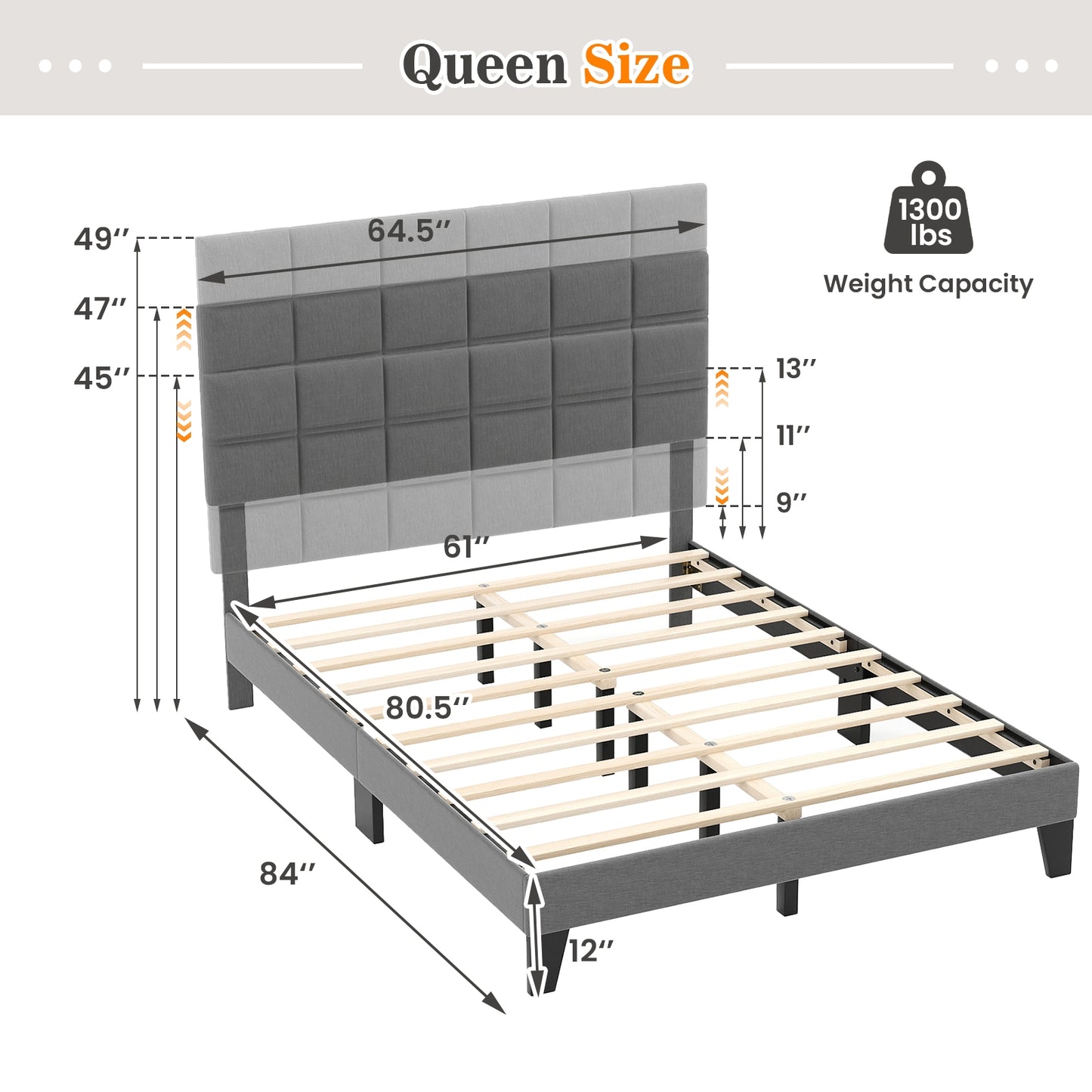 Modern Upholstered Linen Platform Bed Frame with Adjustable Headboard and Wood Slat Support – Queen Size