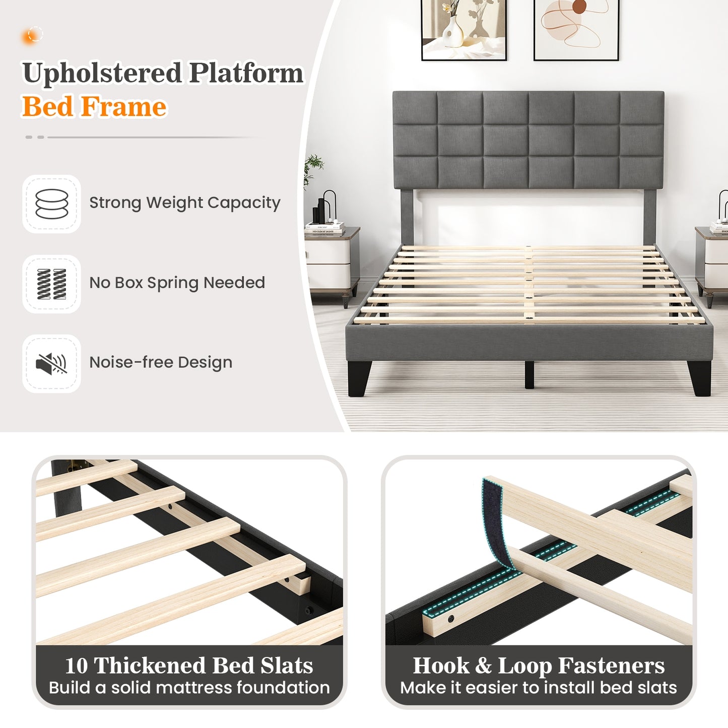 Modern Upholstered Linen Platform Bed Frame with Adjustable Headboard and Wood Slat Support – Queen Size