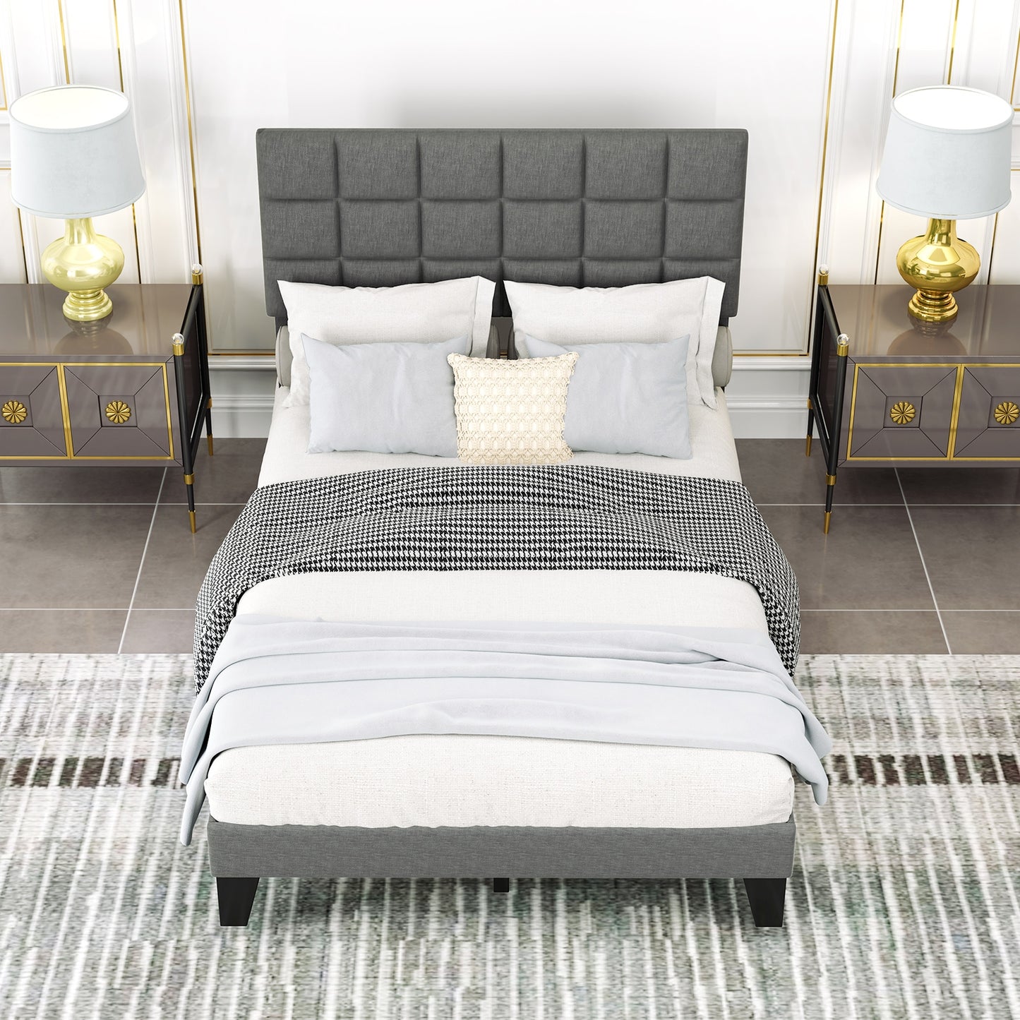 Modern Upholstered Linen Platform Bed Frame with Adjustable Headboard and Wood Slat Support – Full Size