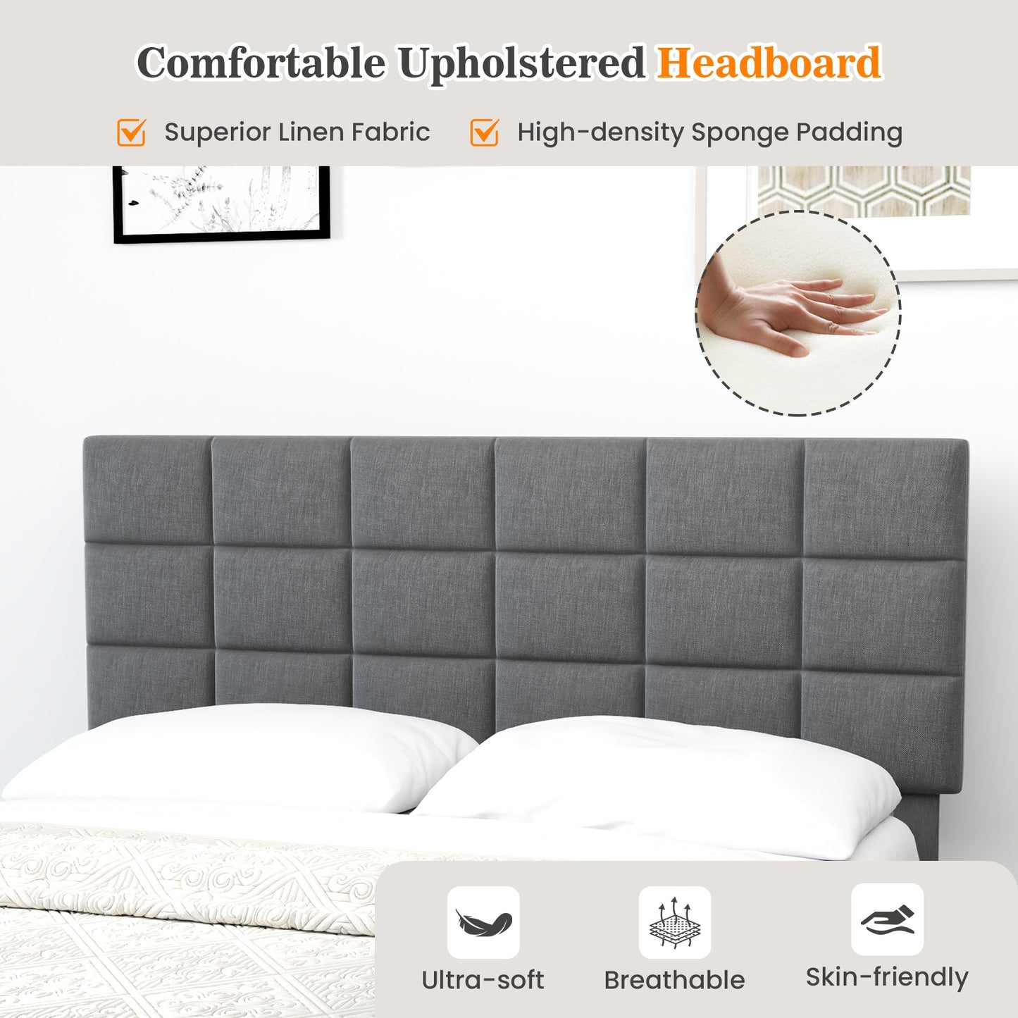 Modern Upholstered Linen Platform Bed Frame with Adjustable Headboard and Wood Slat Support – Queen Size