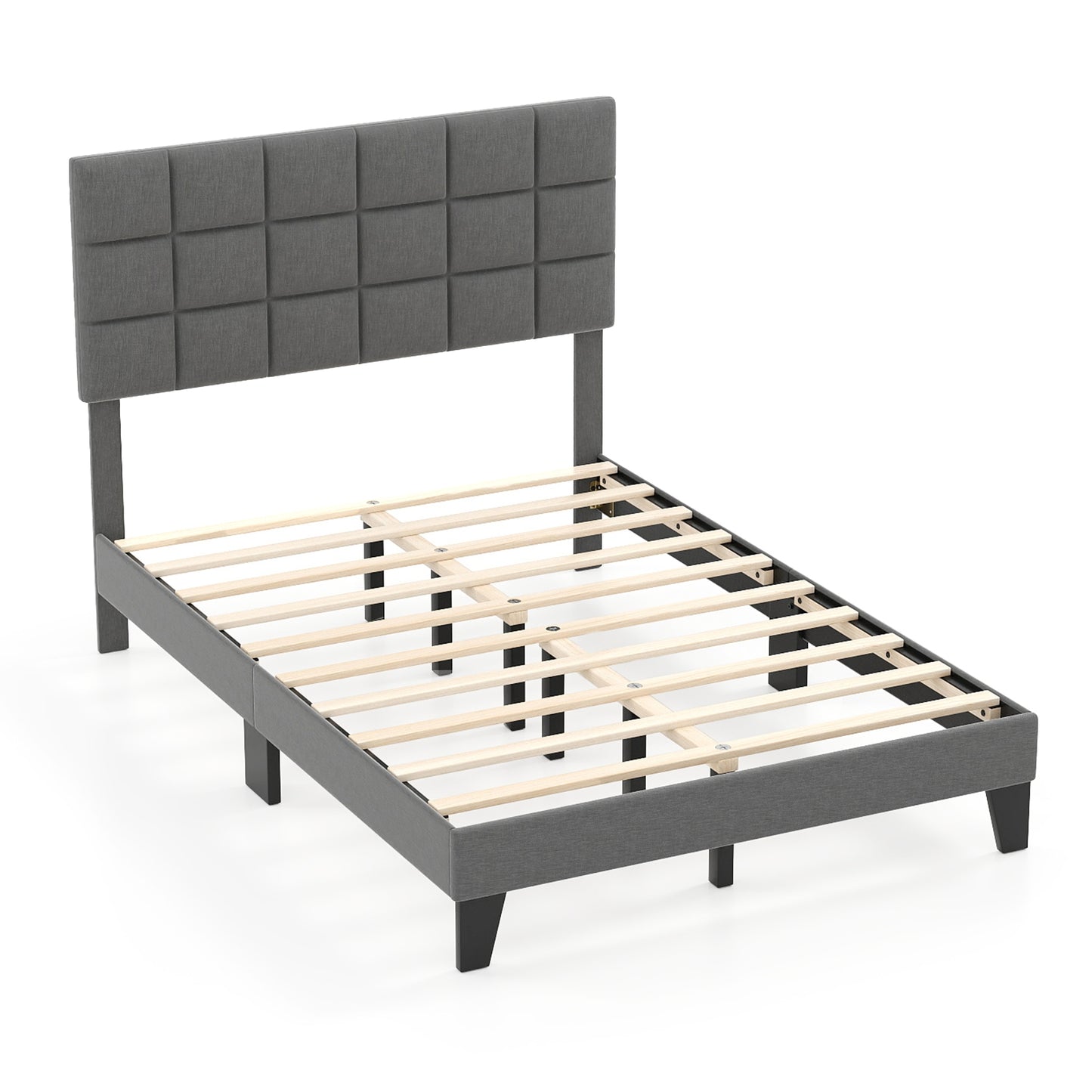 Modern Upholstered Linen Platform Bed Frame with Adjustable Headboard and Wood Slat Support – Full Size