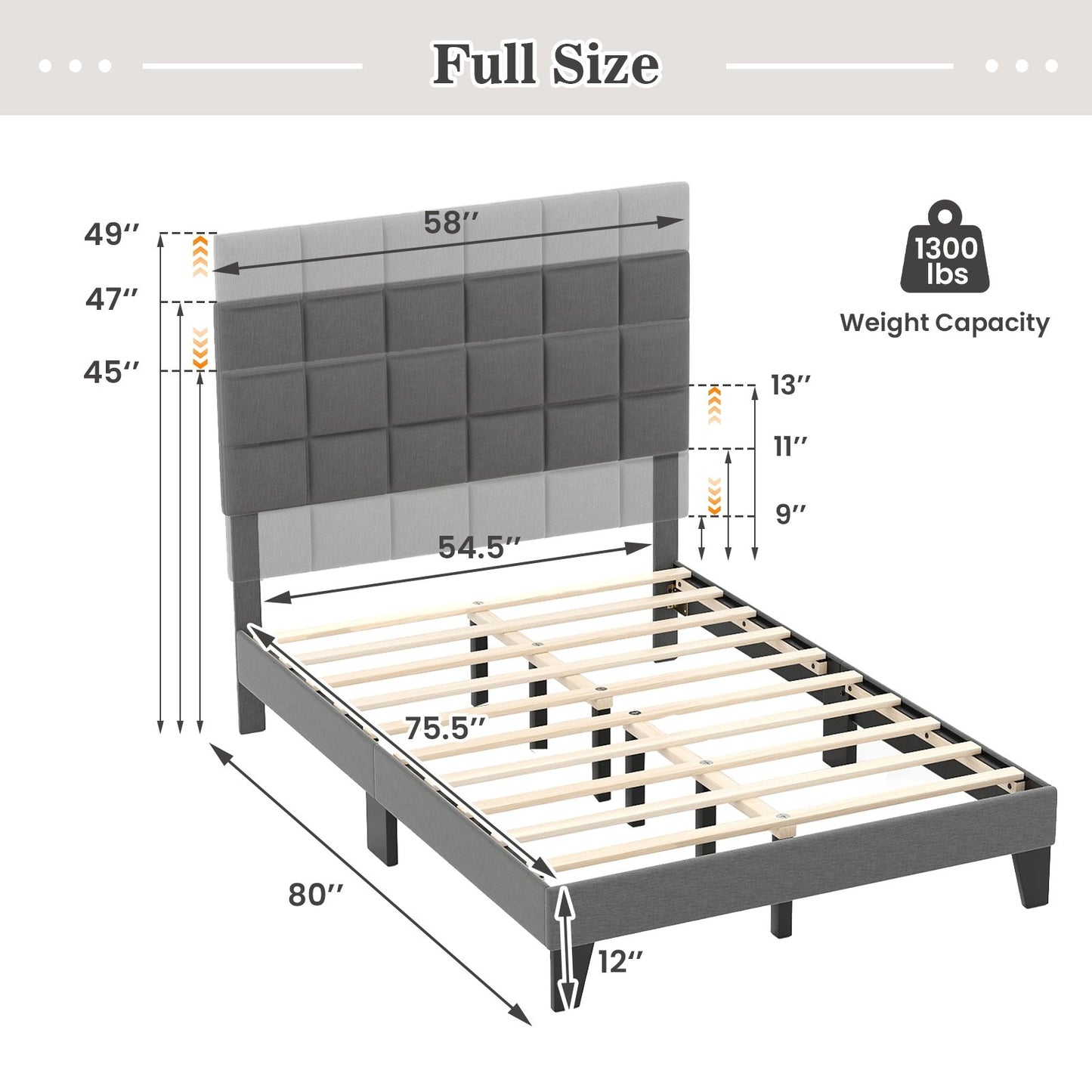 Modern Upholstered Linen Platform Bed Frame with Adjustable Headboard and Wood Slat Support – Full Size