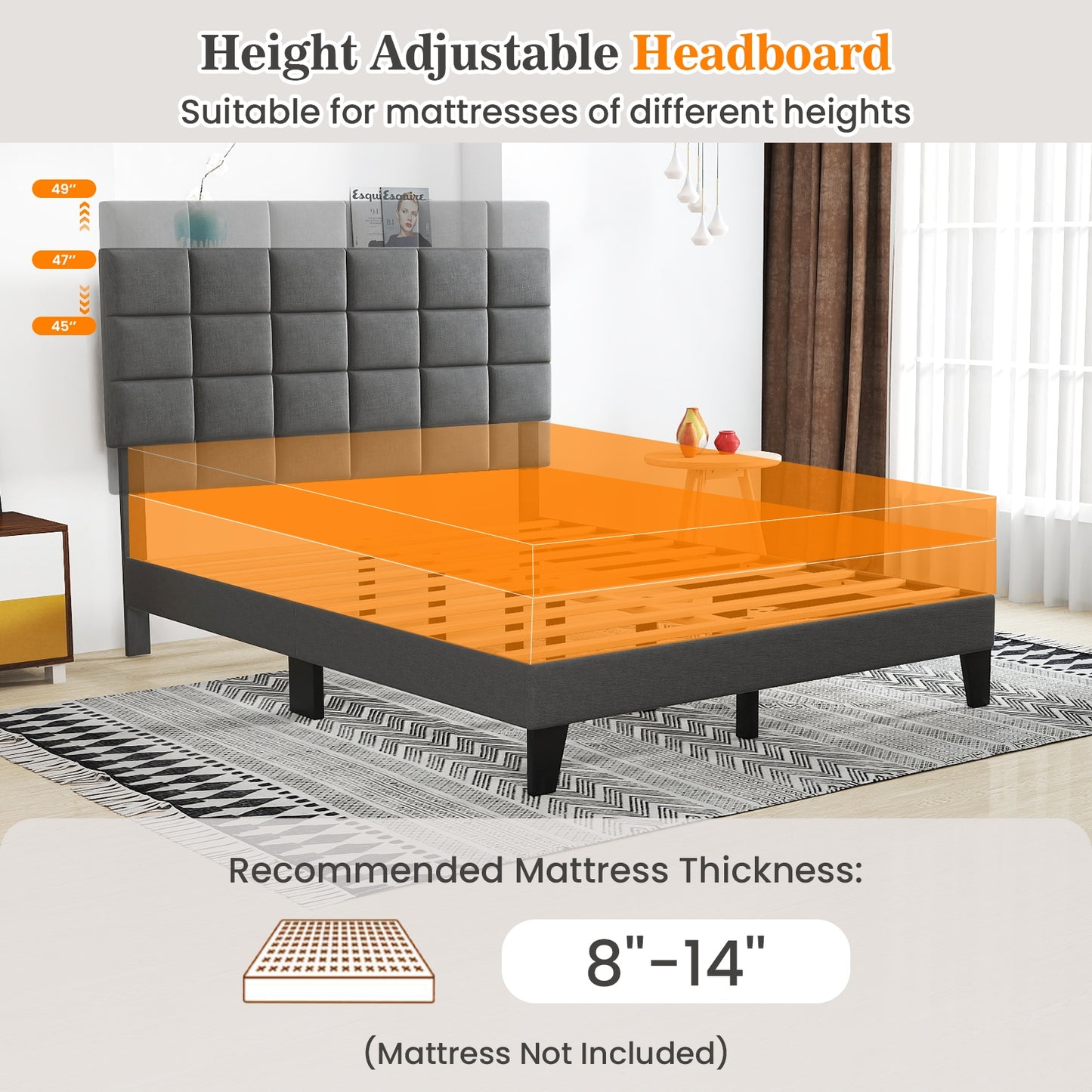 Modern Upholstered Linen Platform Bed Frame with Adjustable Headboard and Wood Slat Support – Queen Size