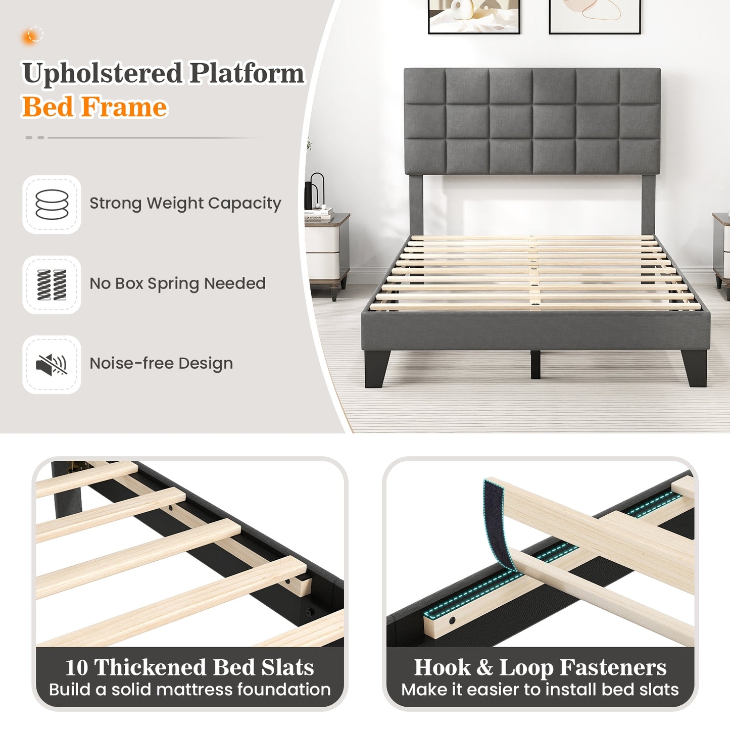 Modern Upholstered Linen Platform Bed Frame with Adjustable Headboard and Wood Slat Support – Full Size