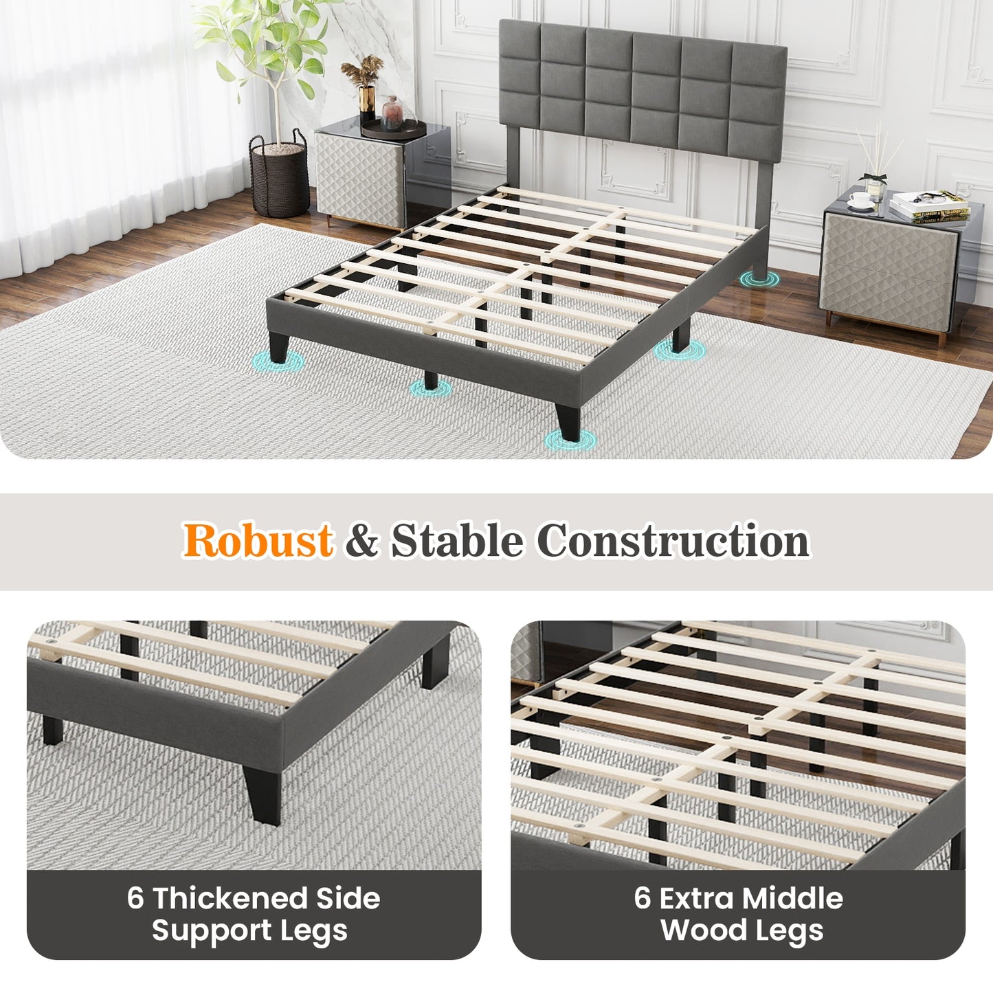 Modern Upholstered Linen Platform Bed Frame with Adjustable Headboard and Wood Slat Support – Queen Size