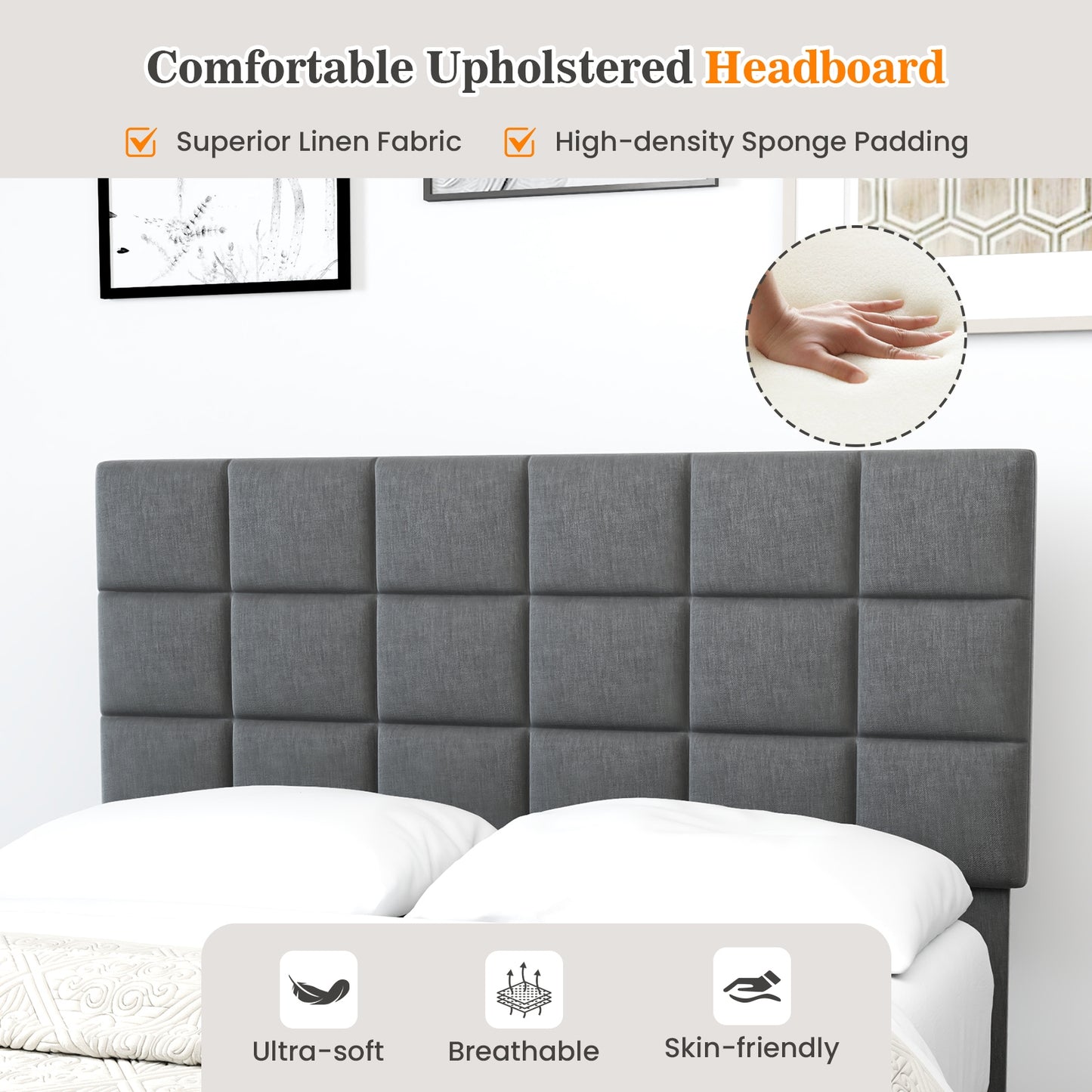 Modern Upholstered Linen Platform Bed Frame with Adjustable Headboard and Wood Slat Support – Full Size