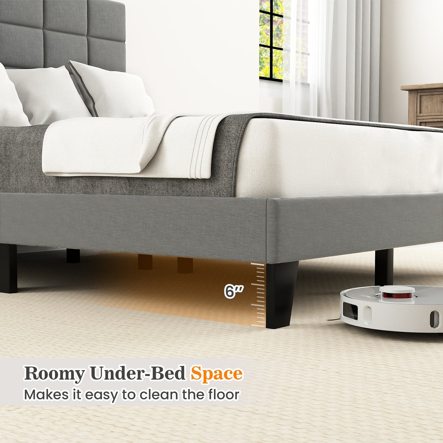 Modern Upholstered Linen Platform Bed Frame with Adjustable Headboard and Wood Slat Support – Full Size