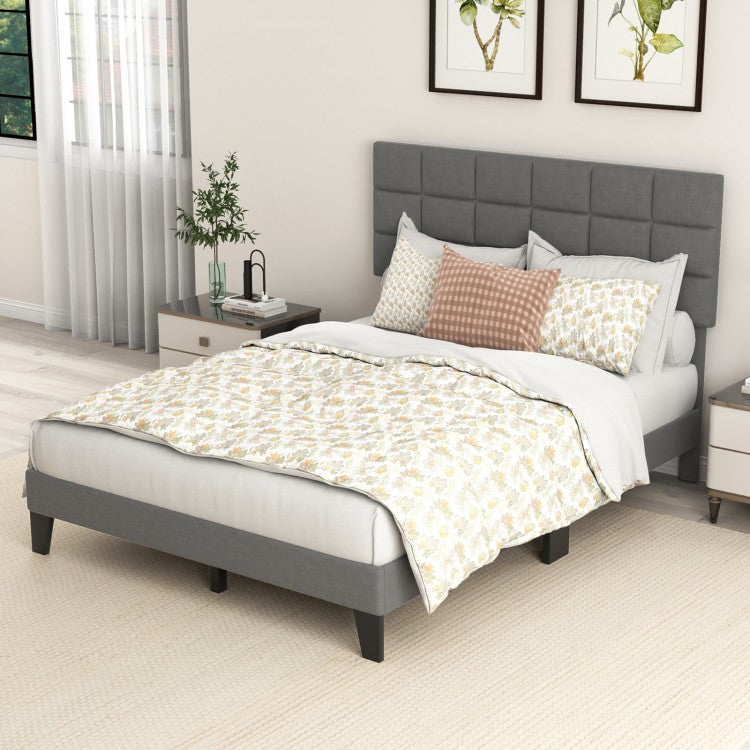 Modern Upholstered Linen Platform Bed Frame with Adjustable Headboard and Wood Slat Support – Queen Size