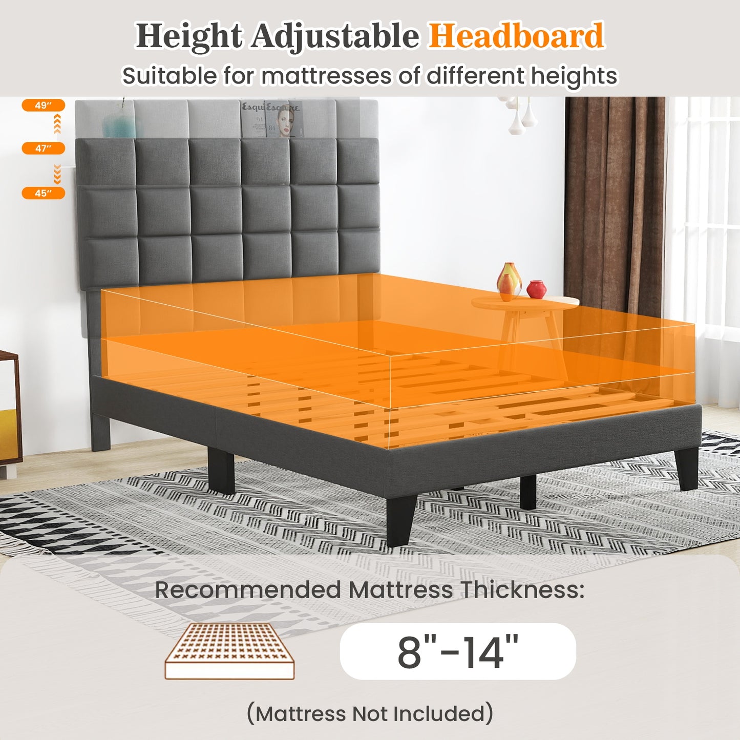 Modern Upholstered Linen Platform Bed Frame with Adjustable Headboard and Wood Slat Support – Full Size