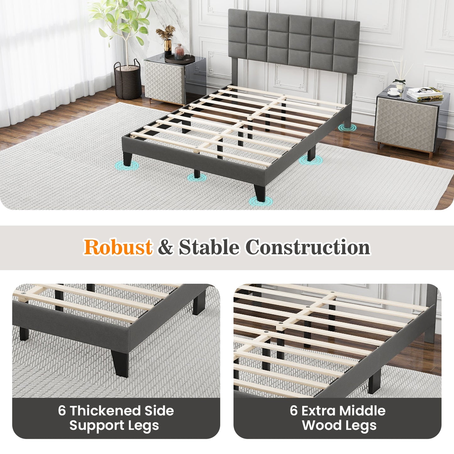 Modern Upholstered Linen Platform Bed Frame with Adjustable Headboard and Wood Slat Support – Full Size