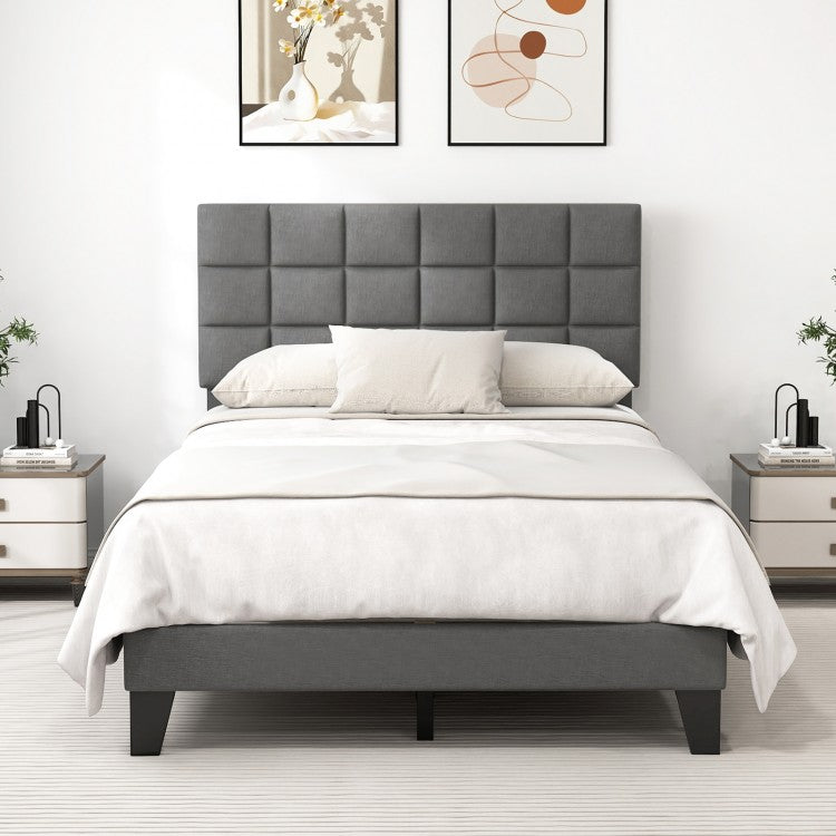 Modern Upholstered Linen Platform Bed Frame with Adjustable Headboard and Wood Slat Support – Full Size