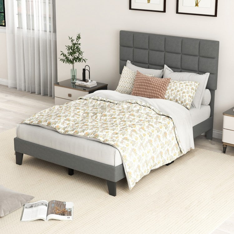 Modern Upholstered Linen Platform Bed Frame with Adjustable Headboard and Wood Slat Support – Full Size