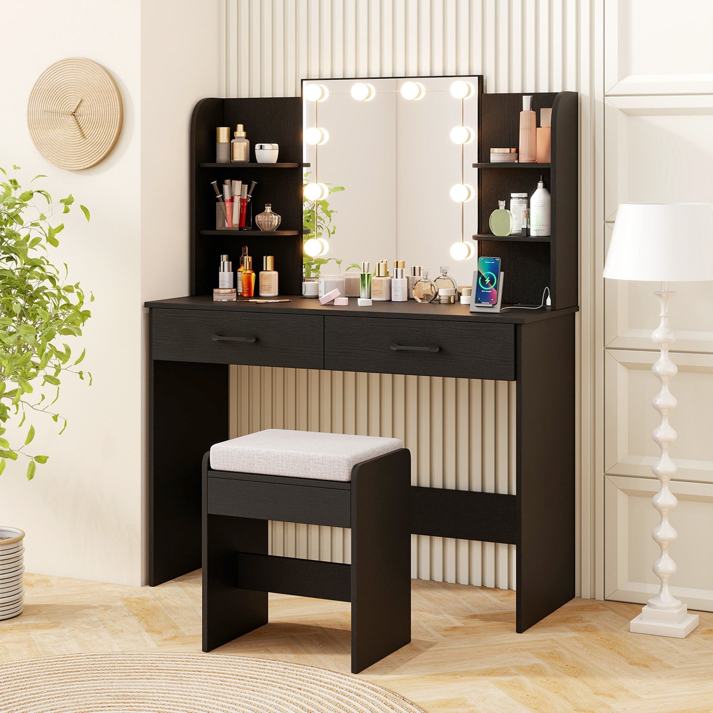 Makeup Vanity with Lighted Mirror, Charging Ports and Stool – Black