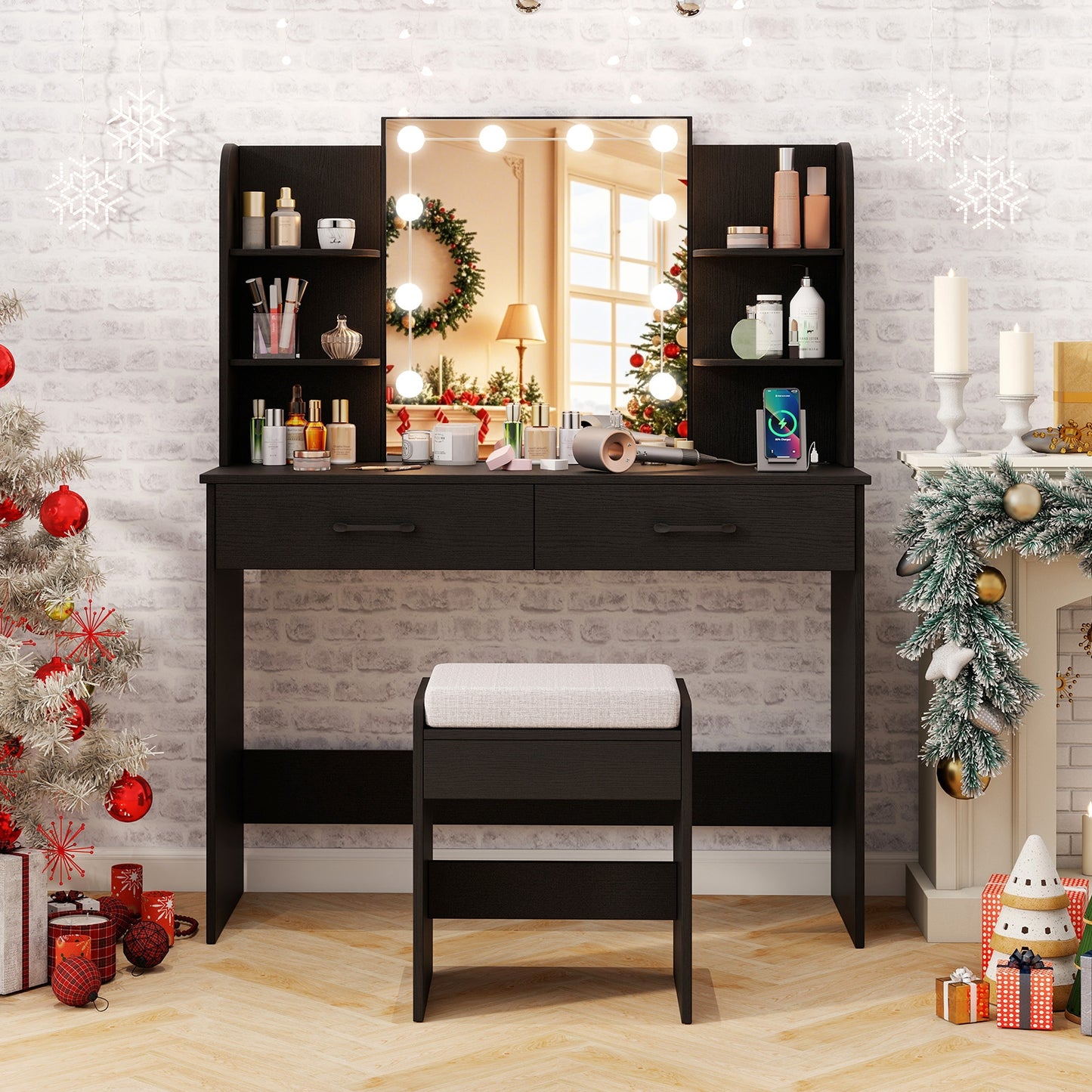Makeup Vanity with Lighted Mirror, Charging Ports and Stool – Black