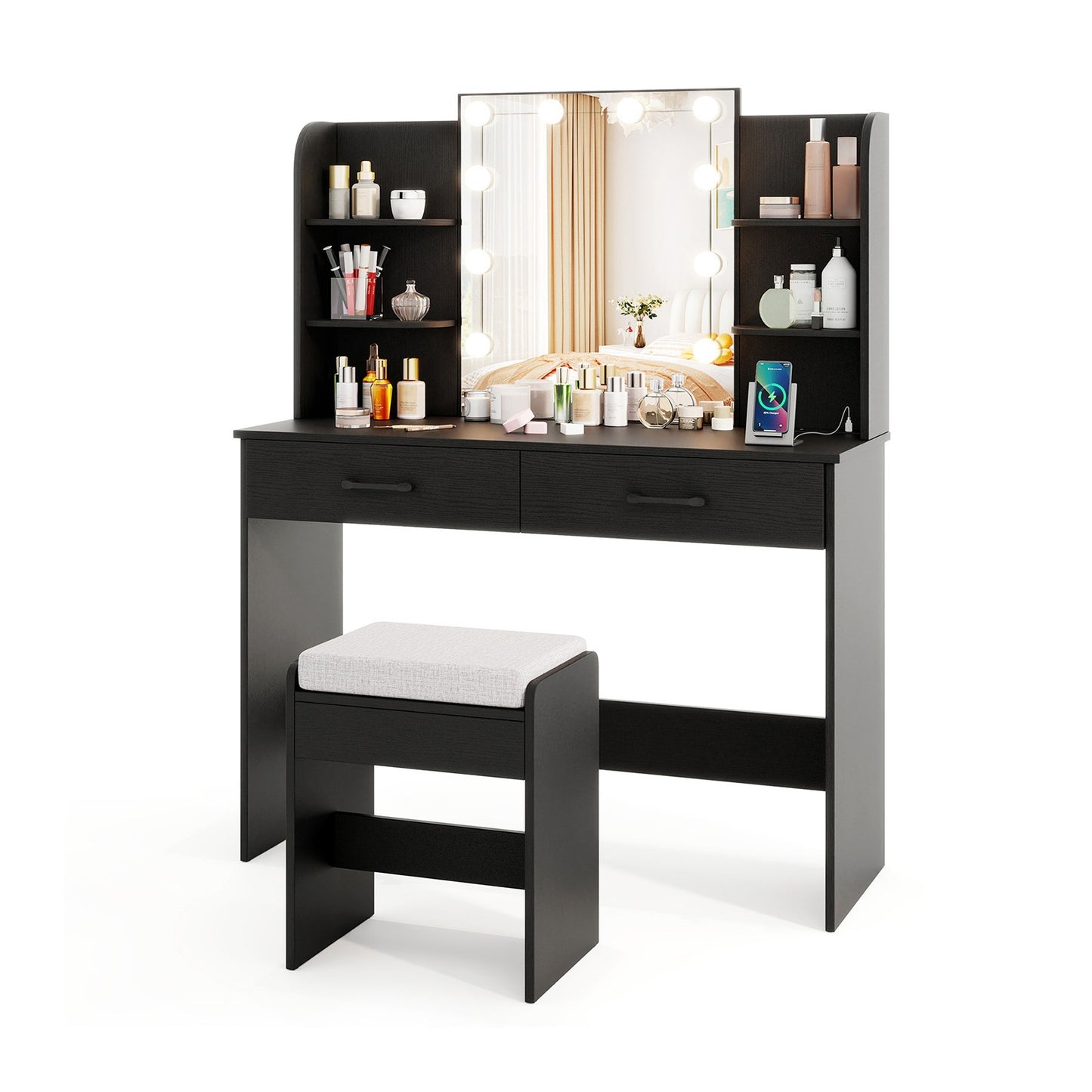 Makeup Vanity with Lighted Mirror, Charging Ports and Stool – Black