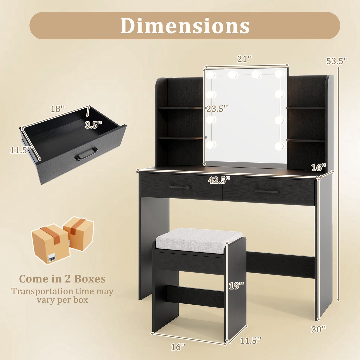Makeup Vanity with Lighted Mirror, Charging Ports and Stool – Black