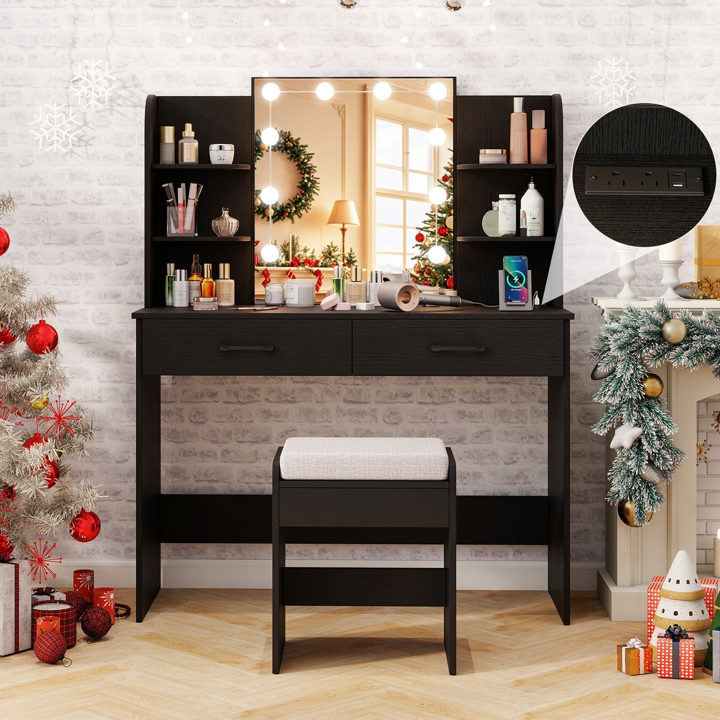 Makeup Vanity with Lighted Mirror, Charging Ports and Stool – Black