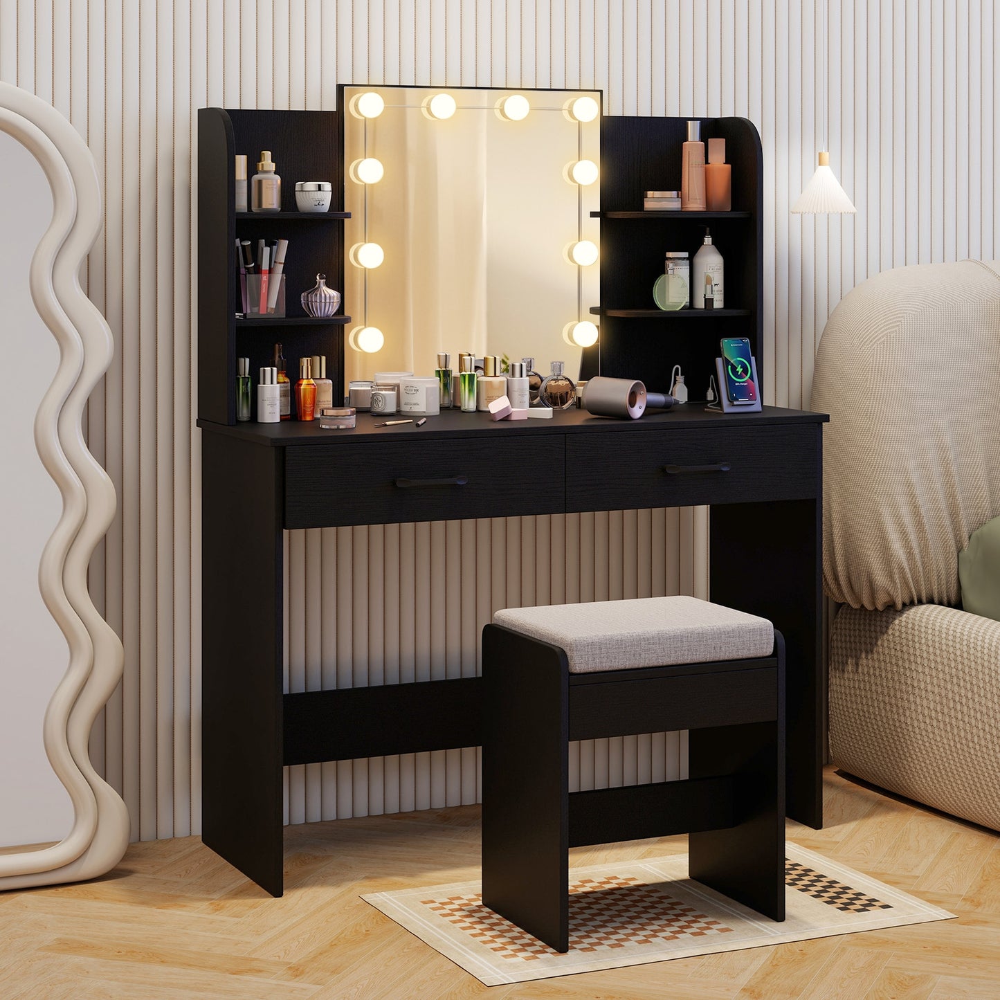 Makeup Vanity with Lighted Mirror, Charging Ports and Stool – Black