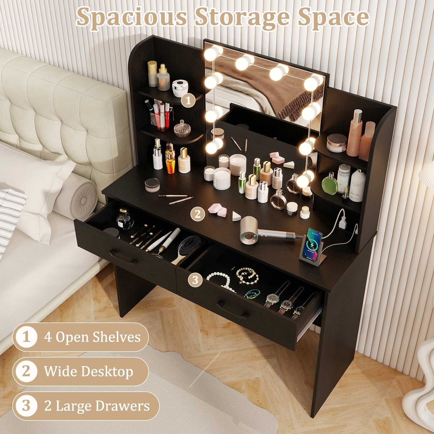 Makeup Vanity with Lighted Mirror, Charging Ports and Stool – Black