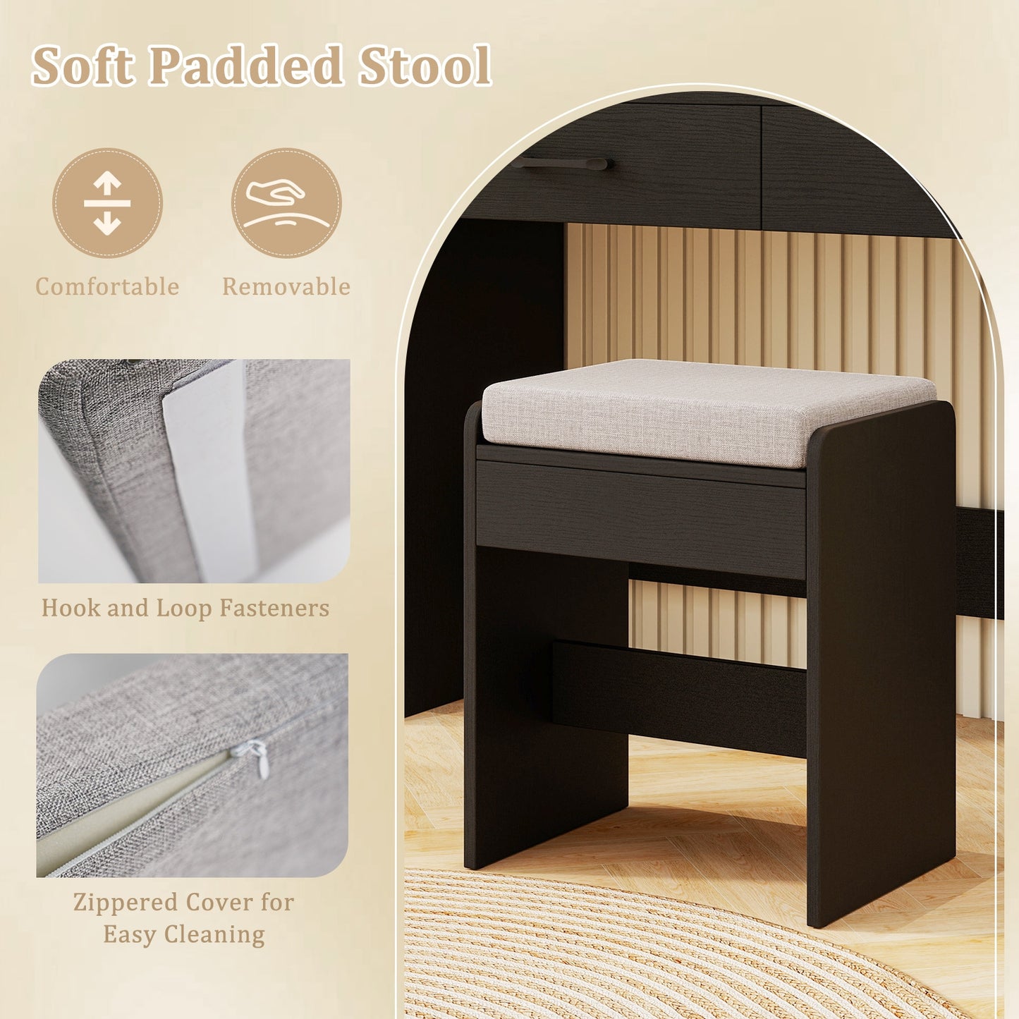 Makeup Vanity with Lighted Mirror, Charging Ports and Stool – Black