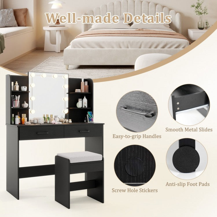 Makeup Vanity with Lighted Mirror, Charging Ports and Stool – Black