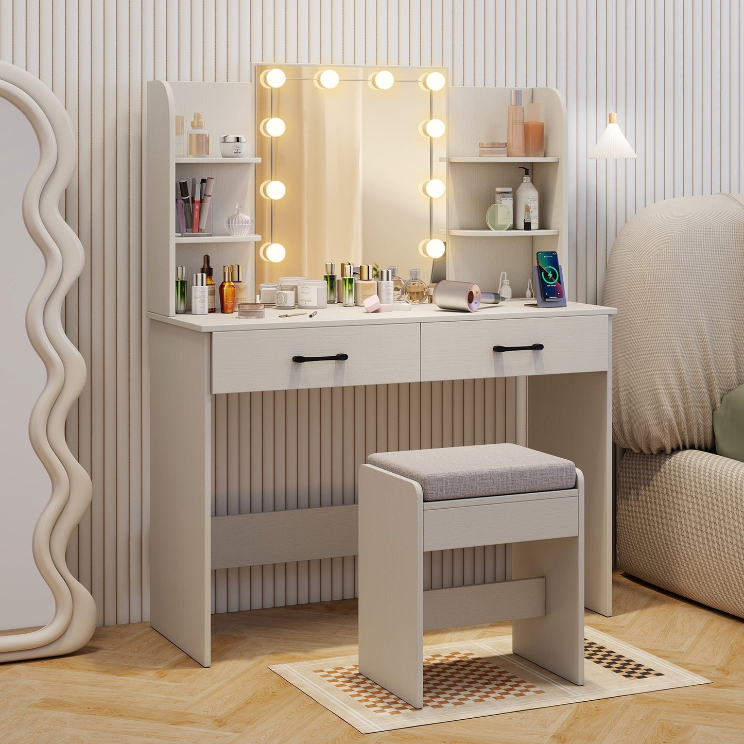 Makeup Vanity with Lighted Mirror, Charging Ports and Stool – White