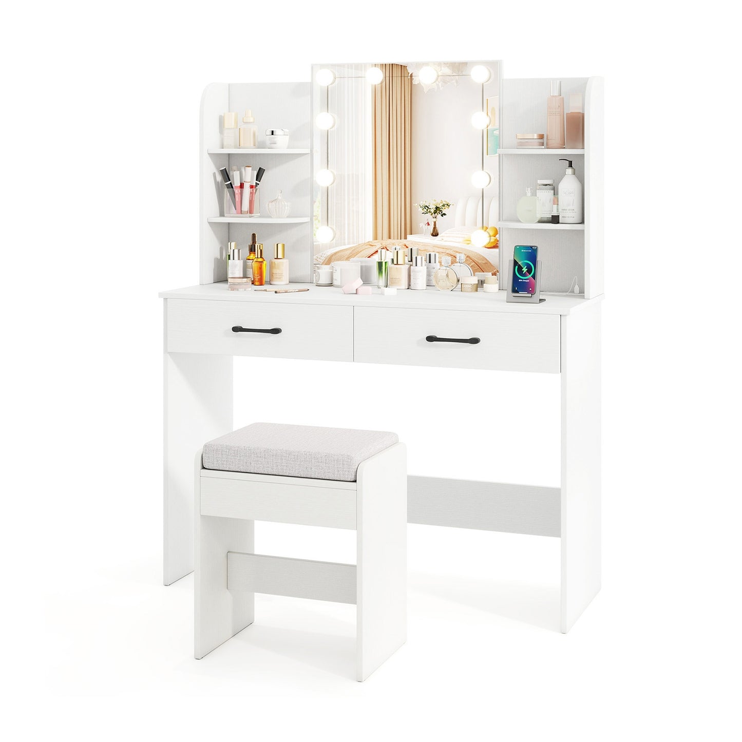 Makeup Vanity with Lighted Mirror, Charging Ports and Stool – White