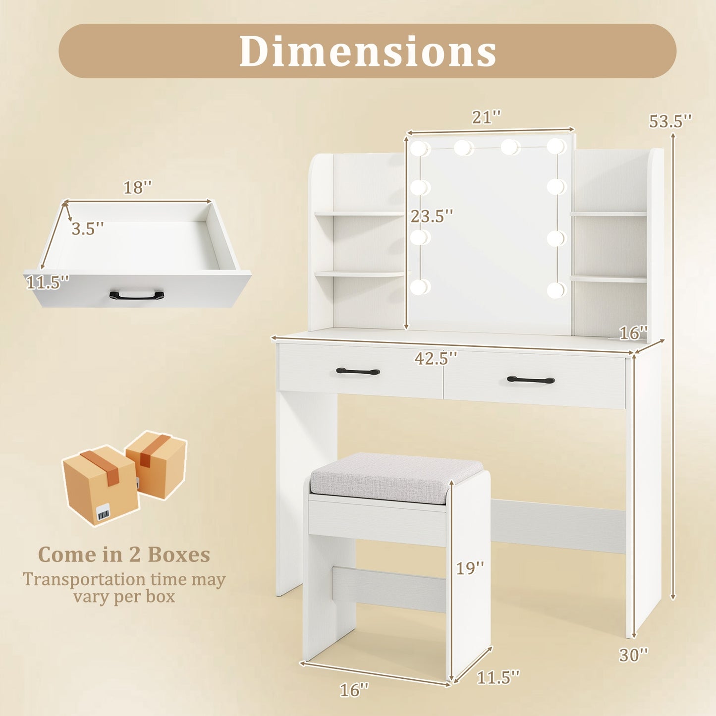 Makeup Vanity with Lighted Mirror, Charging Ports and Stool – White