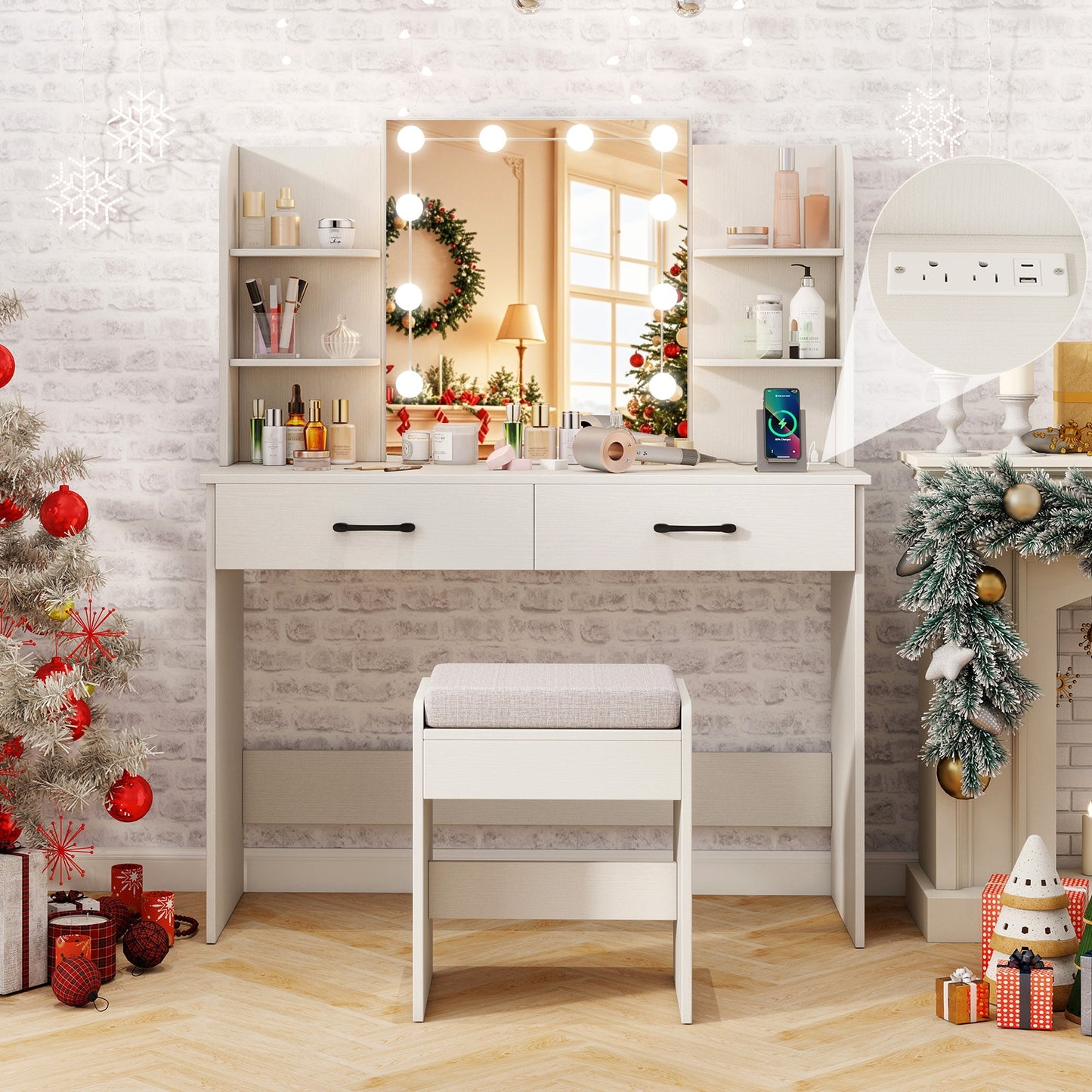 Makeup Vanity with Lighted Mirror, Charging Ports and Stool – White