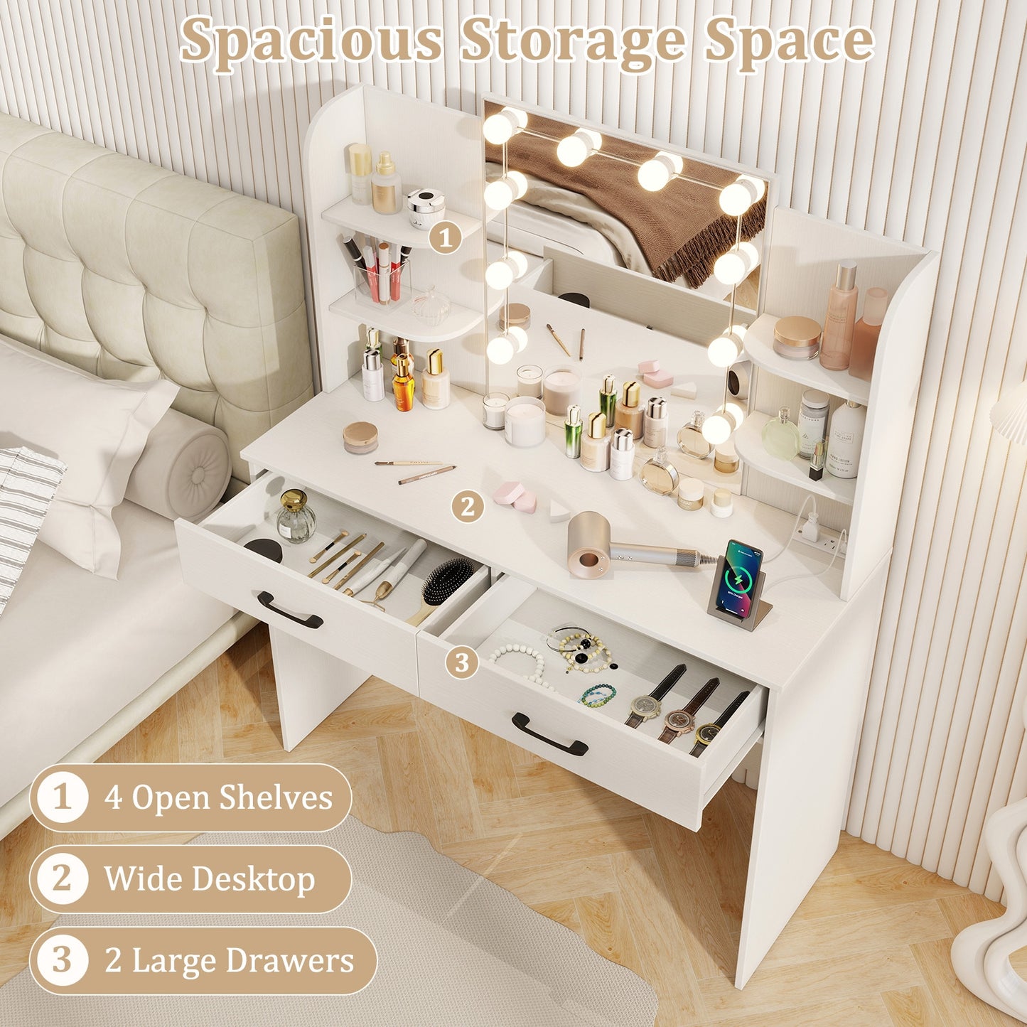 Makeup Vanity with Lighted Mirror, Charging Ports and Stool – White