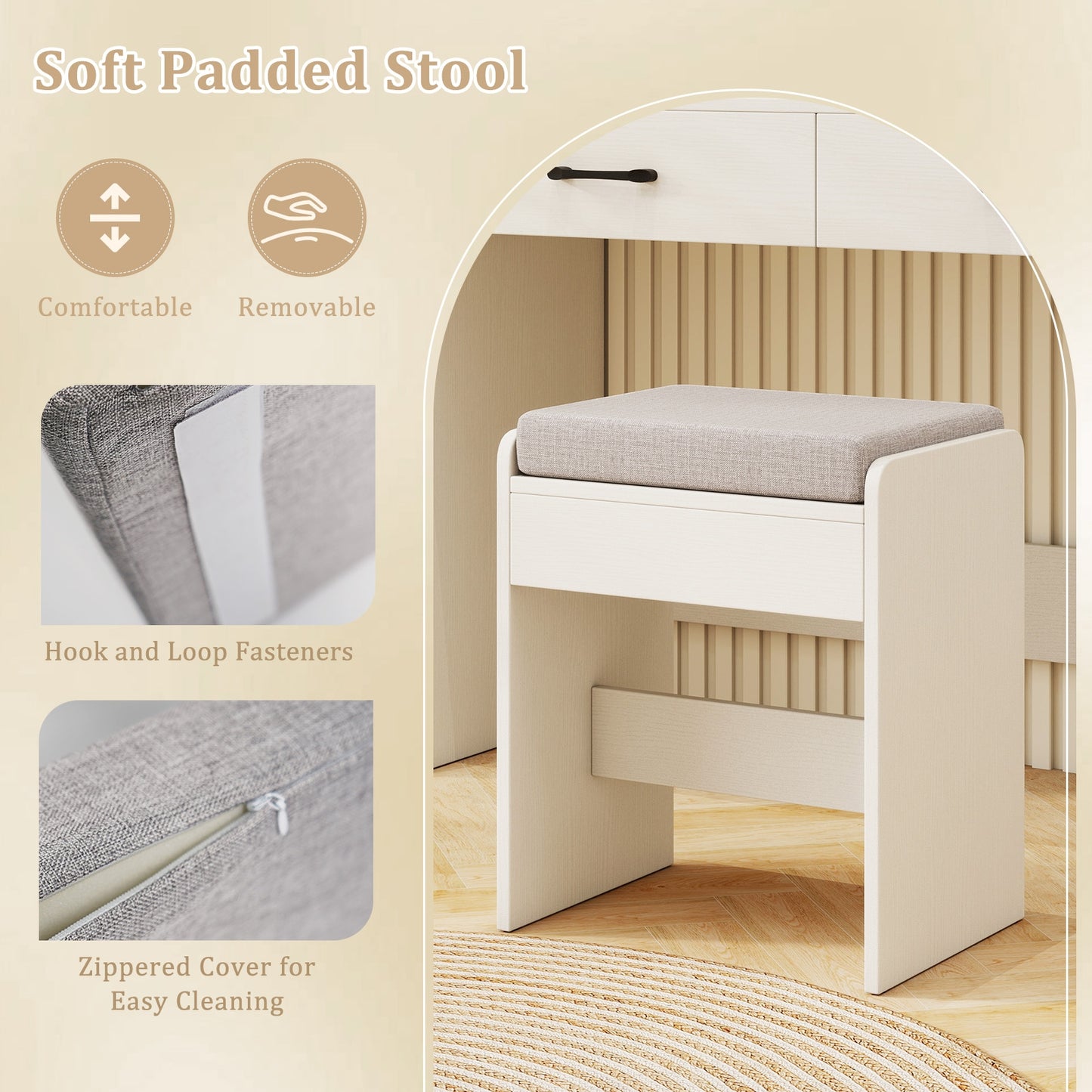 Makeup Vanity with Lighted Mirror, Charging Ports and Stool – White