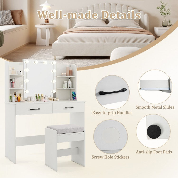Makeup Vanity with Lighted Mirror, Charging Ports and Stool – White