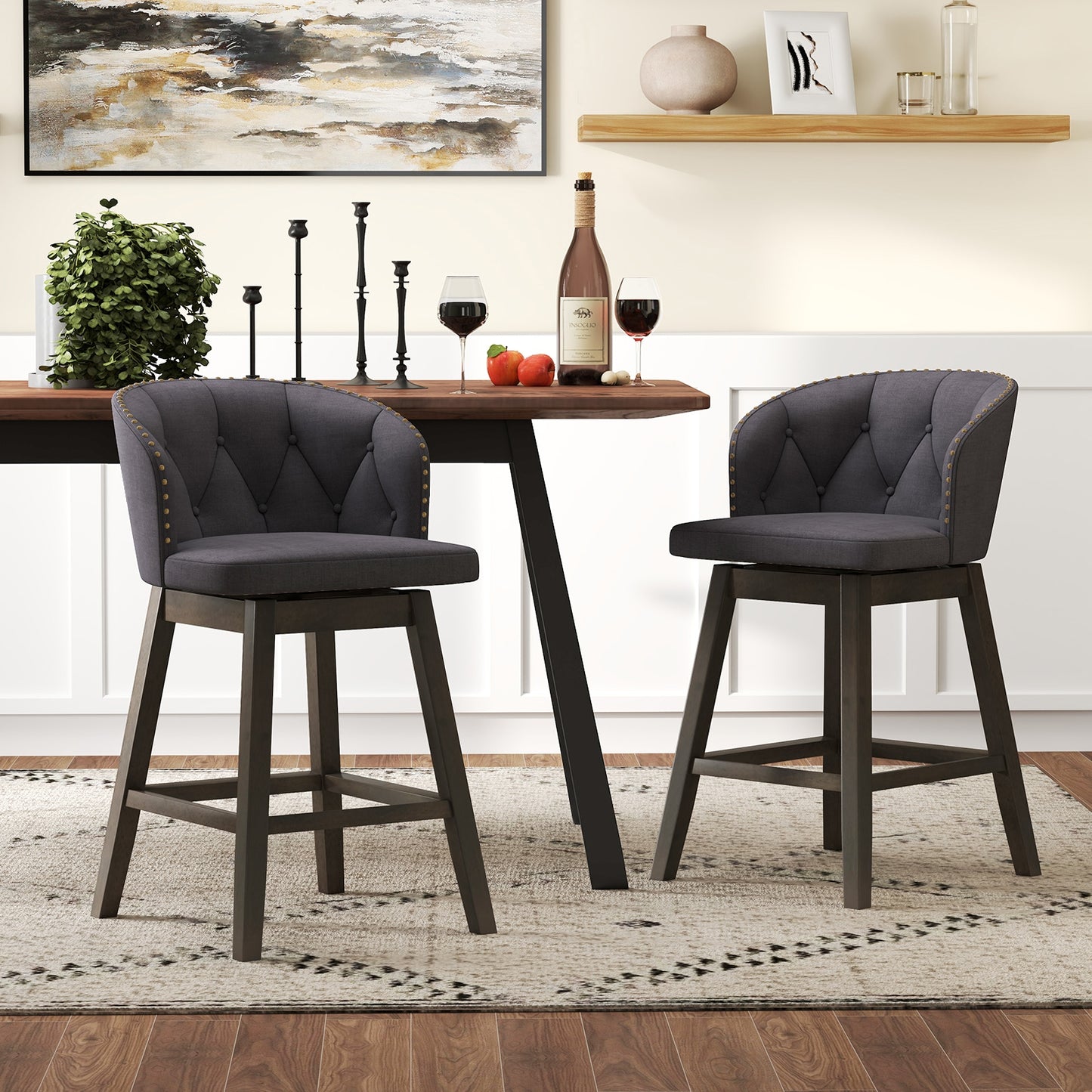Fabric Upholstered Counter Stools Set of 2 with 360° Swivel and Footrest, Stylish Bar Chairs - Grey
