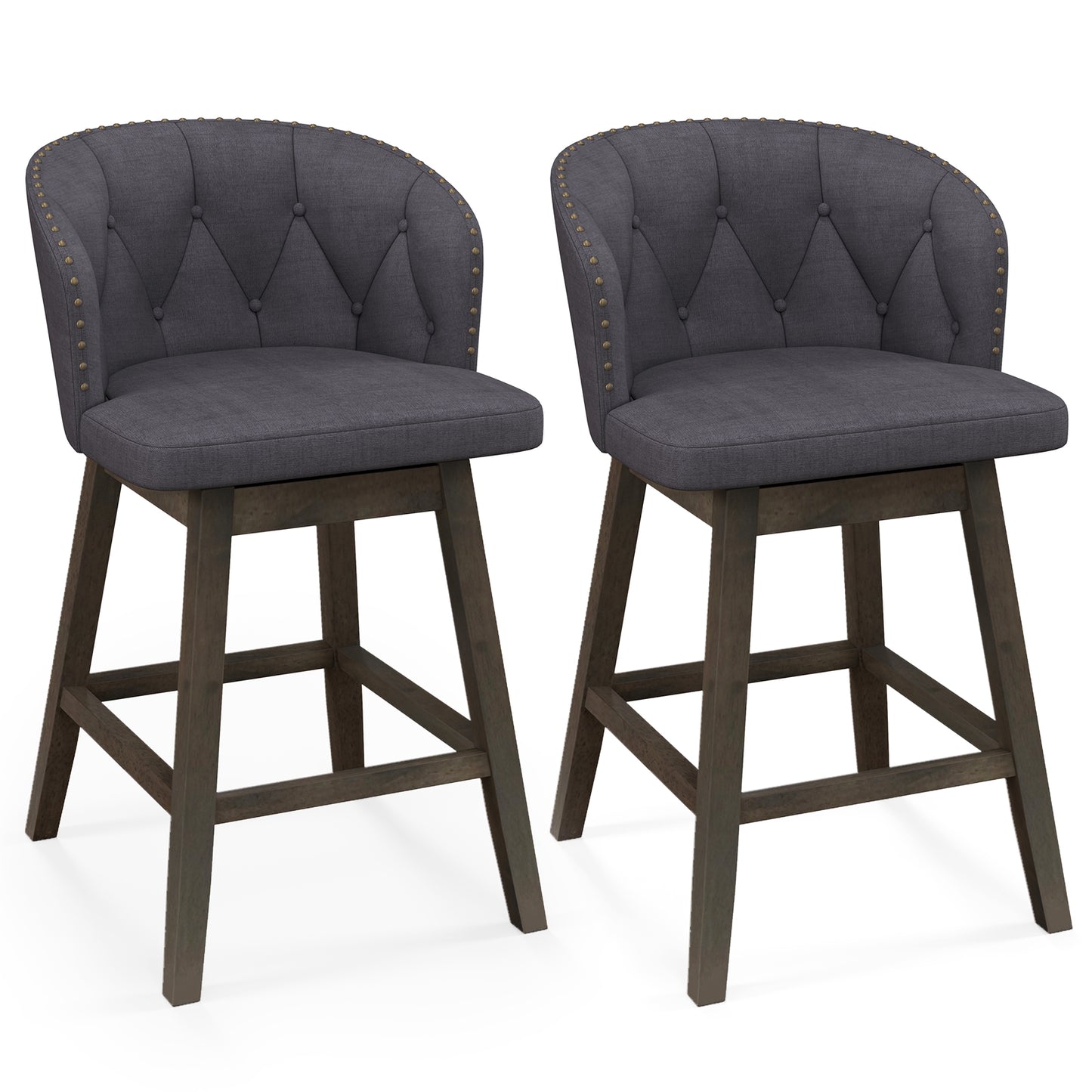Fabric Upholstered Counter Stools Set of 2 with 360° Swivel and Footrest, Stylish Bar Chairs - Grey