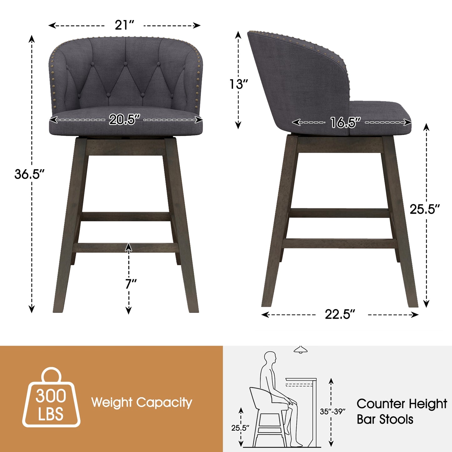 Fabric Upholstered Counter Stools Set of 2 with 360° Swivel and Footrest, Stylish Bar Chairs - Grey
