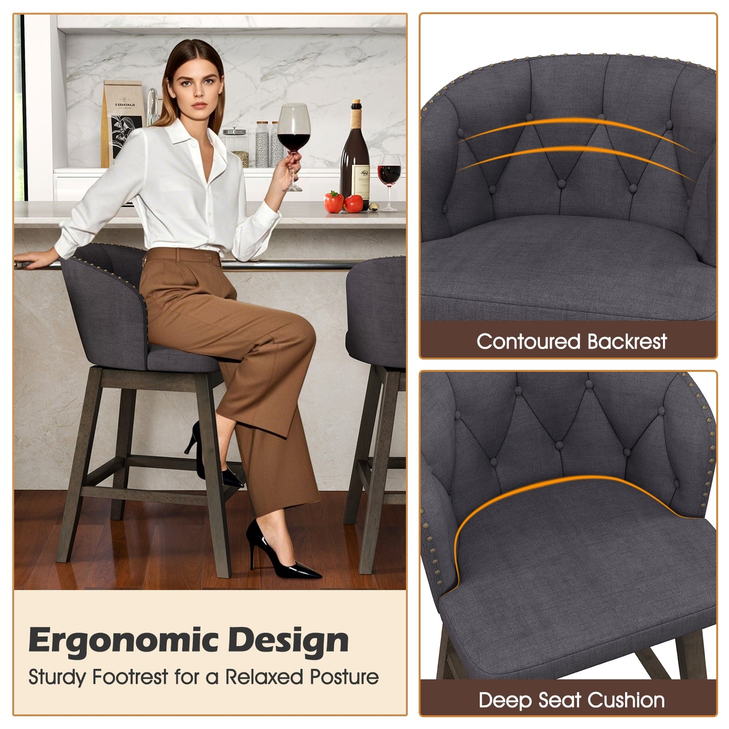 Fabric Upholstered Counter Stools Set of 2 with 360° Swivel and Footrest, Stylish Bar Chairs - Grey