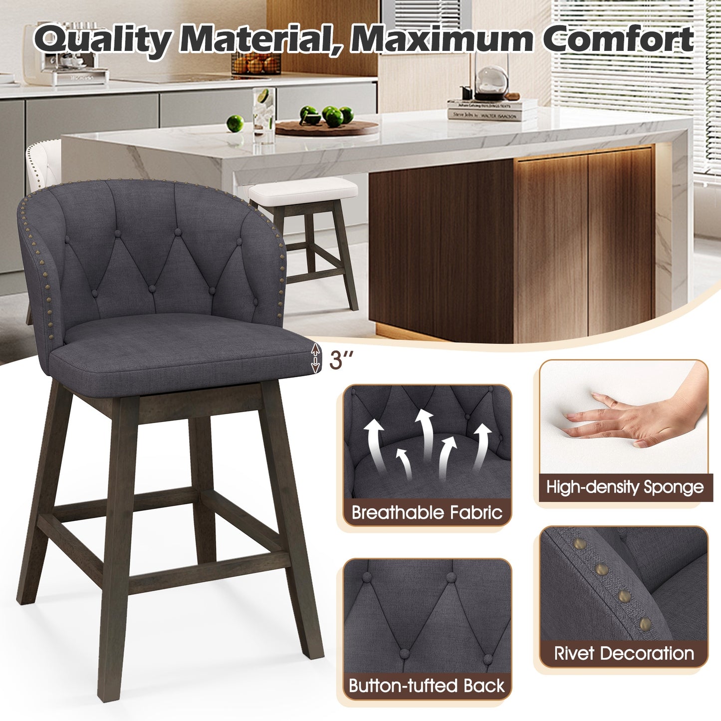 Fabric Upholstered Counter Stools Set of 2 with 360° Swivel and Footrest, Stylish Bar Chairs - Grey