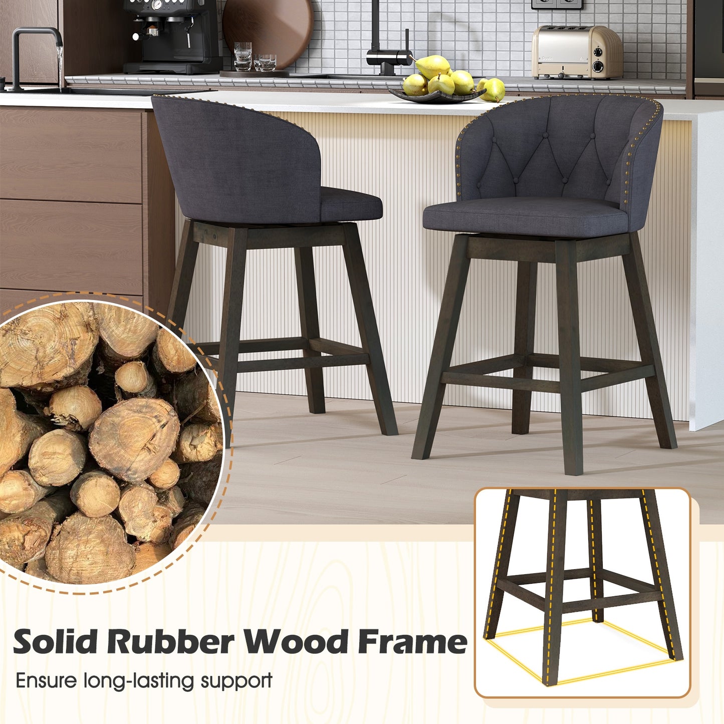 Fabric Upholstered Counter Stools Set of 2 with 360° Swivel and Footrest, Stylish Bar Chairs - Grey