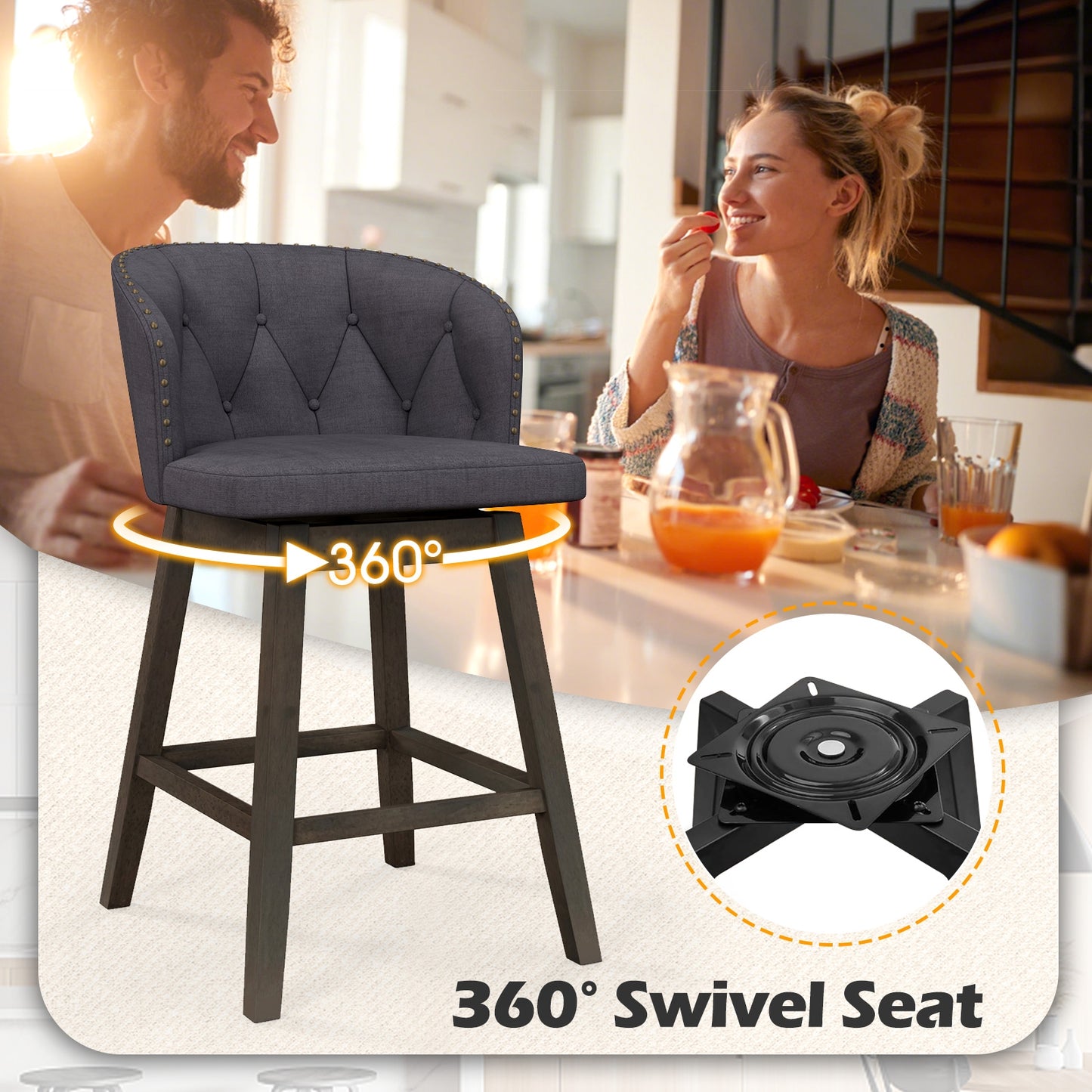 Fabric Upholstered Counter Stools Set of 2 with 360° Swivel and Footrest, Stylish Bar Chairs - Grey