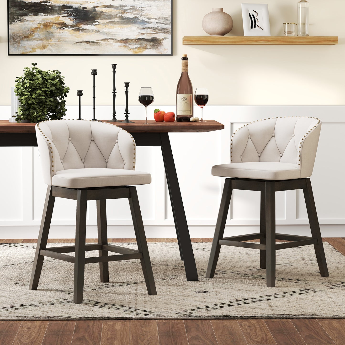 Fabric Upholstered Counter Stools Set of 2 with 360° Swivel and Footrest, Stylish Bar Chairs - Beige