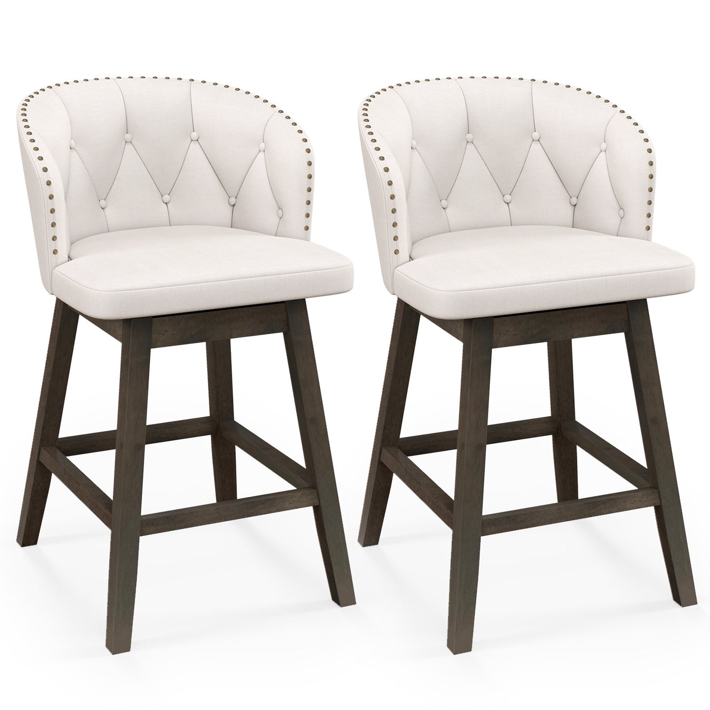 Fabric Upholstered Counter Stools Set of 2 with 360° Swivel and Footrest, Stylish Bar Chairs - Beige