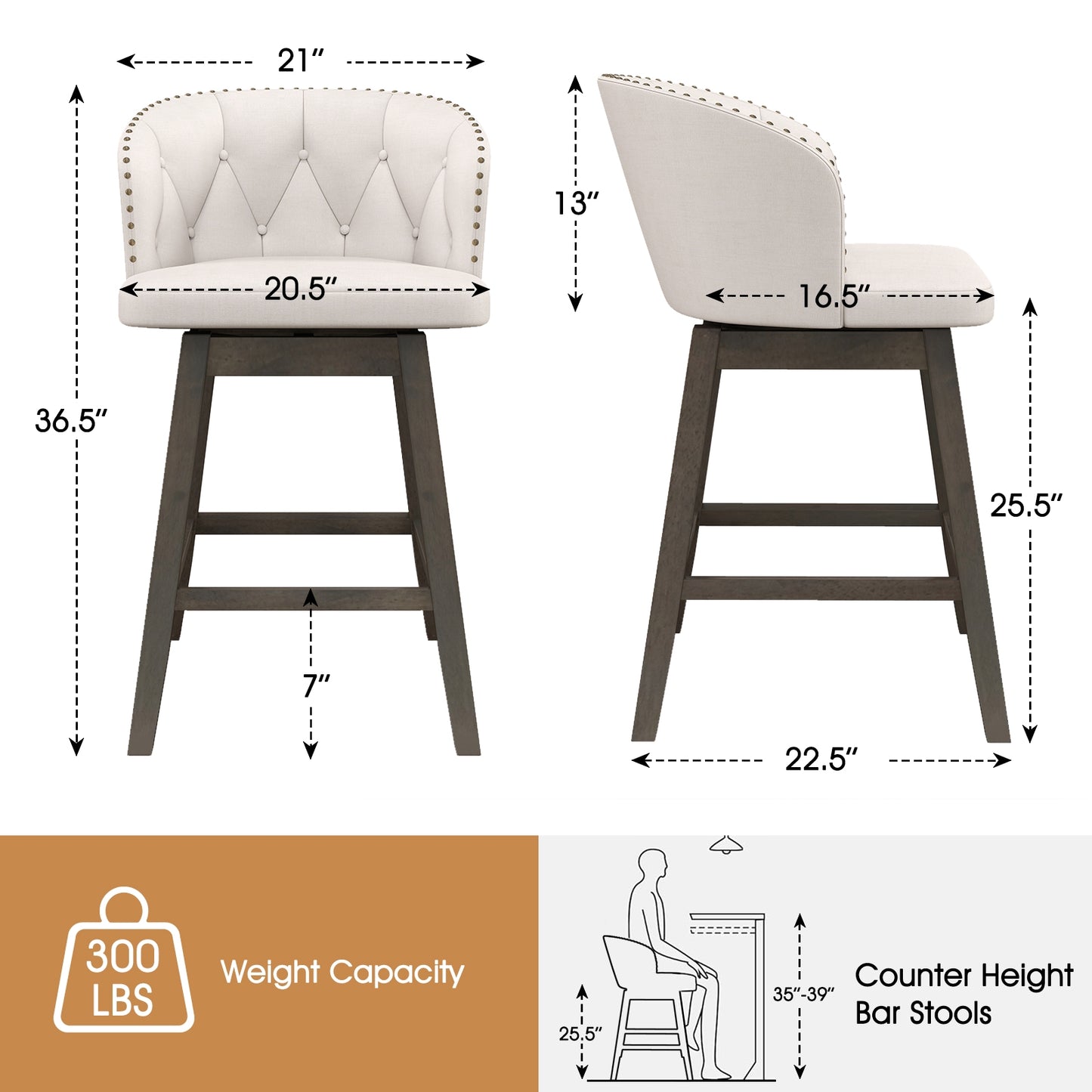 Fabric Upholstered Counter Stools Set of 2 with 360° Swivel and Footrest, Stylish Bar Chairs - Beige