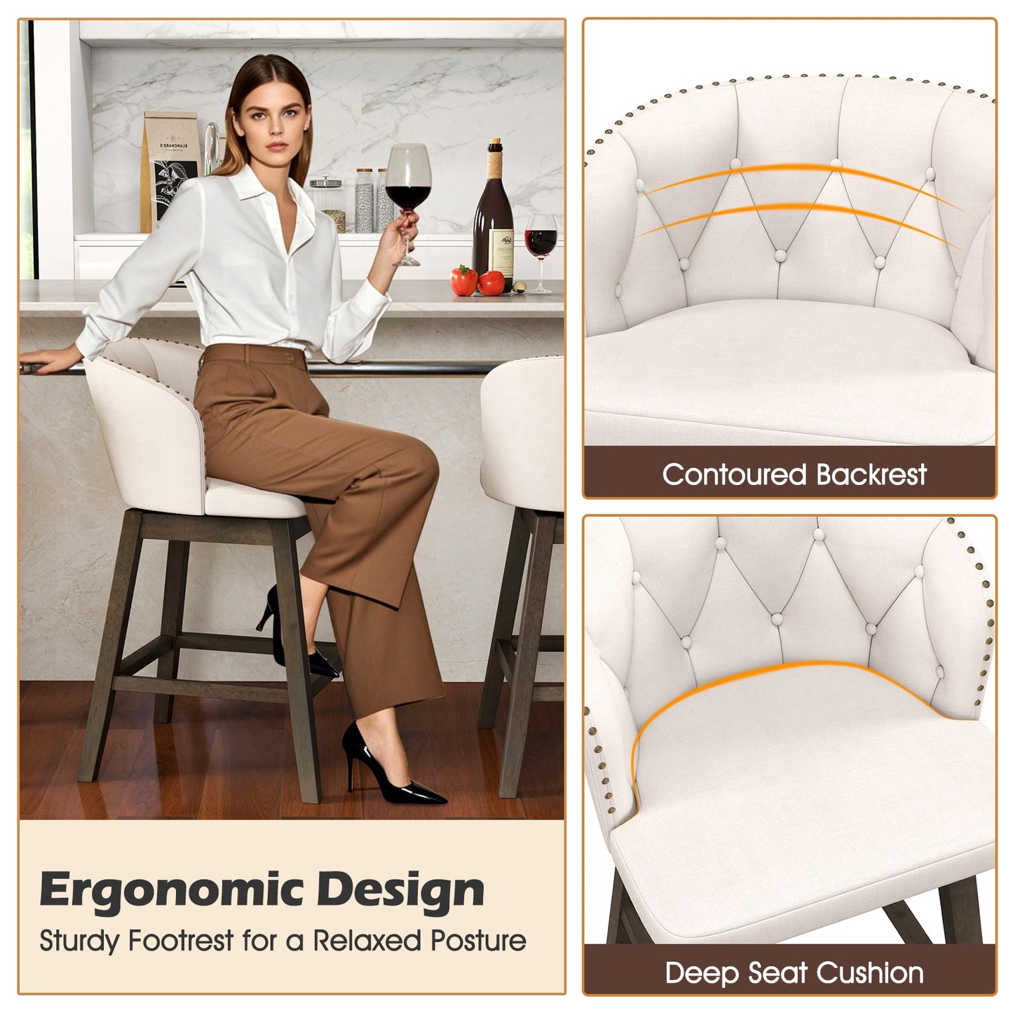 Fabric Upholstered Counter Stools Set of 2 with 360° Swivel and Footrest, Stylish Bar Chairs - Beige