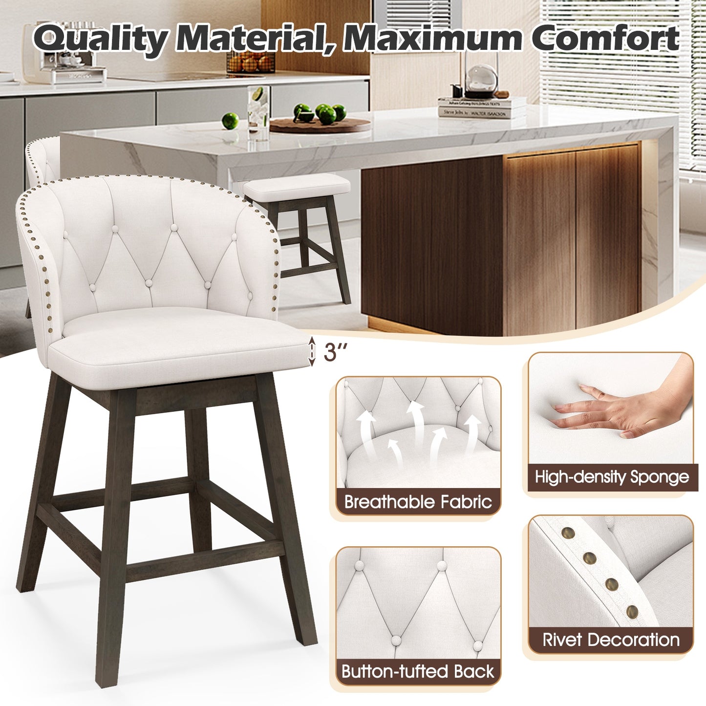 Fabric Upholstered Counter Stools Set of 2 with 360° Swivel and Footrest, Stylish Bar Chairs - Beige