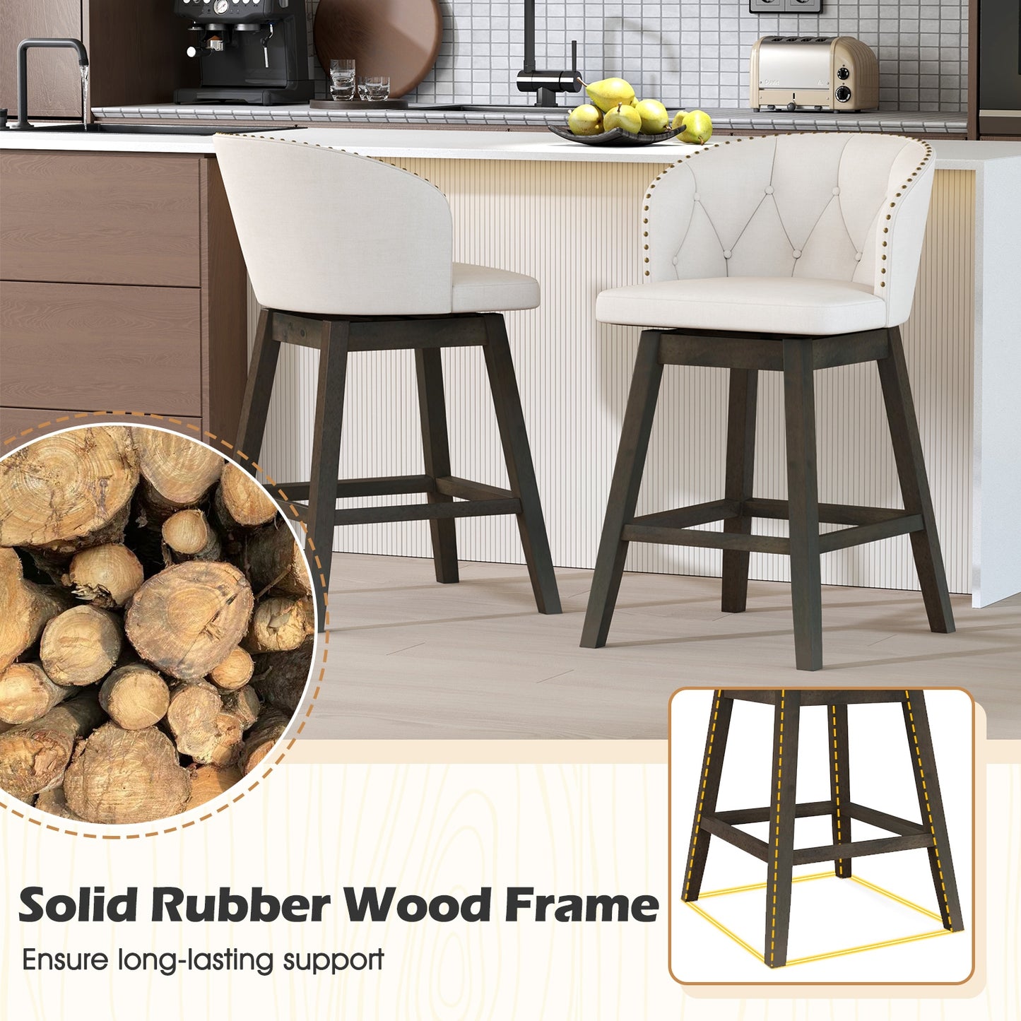 Fabric Upholstered Counter Stools Set of 2 with 360° Swivel and Footrest, Stylish Bar Chairs - Beige
