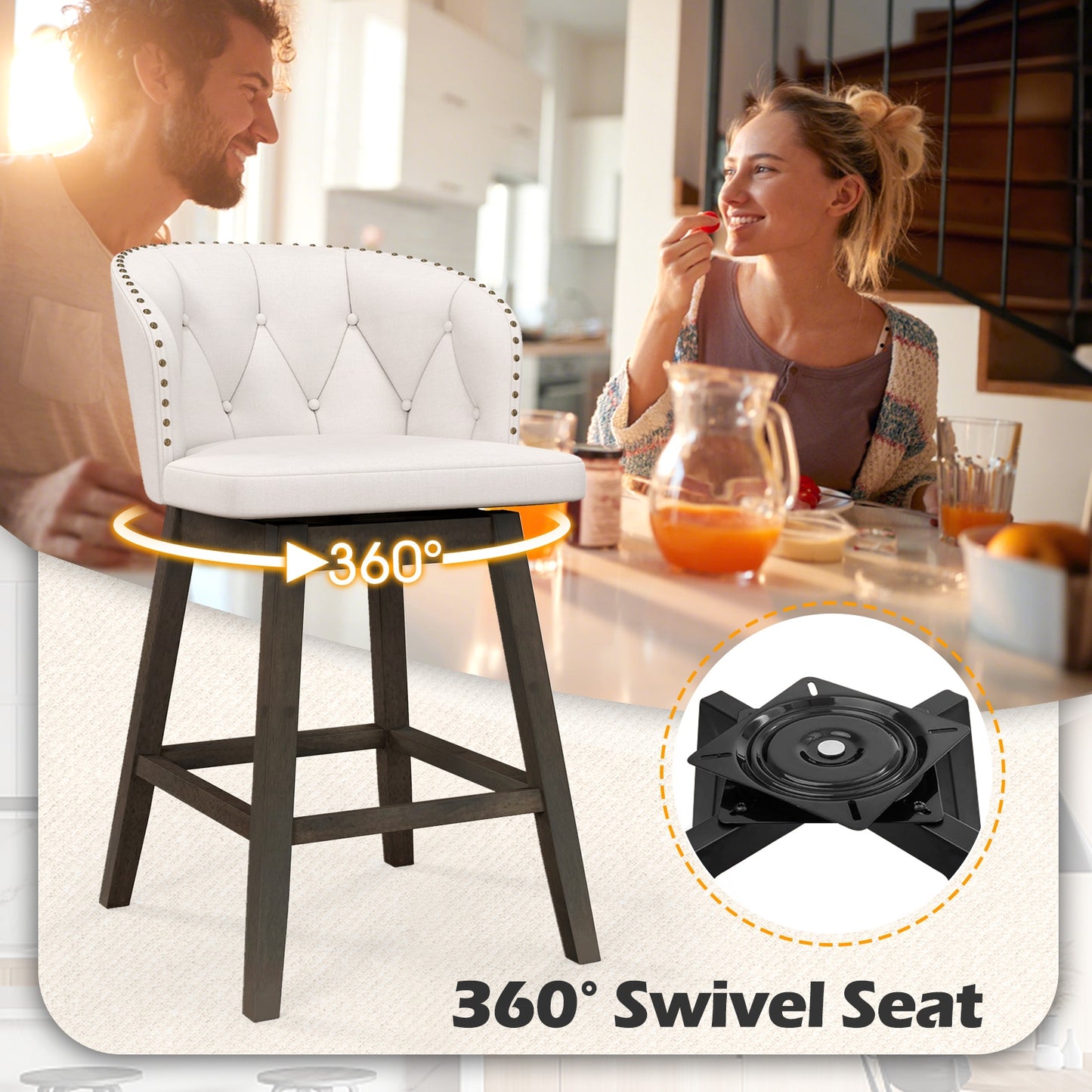Fabric Upholstered Counter Stools Set of 2 with 360° Swivel and Footrest, Stylish Bar Chairs - Beige