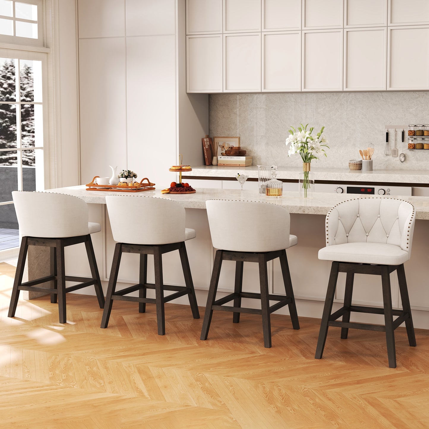 Fabric Upholstered Counter Stools Set of 2 with 360° Swivel and Footrest, Stylish Bar Chairs - Beige
