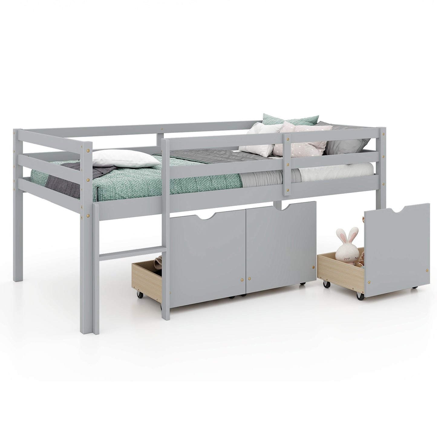 Kids Twin Low Loft Bed with 3 Storage Drawers and Safety Guardrails – Grey
