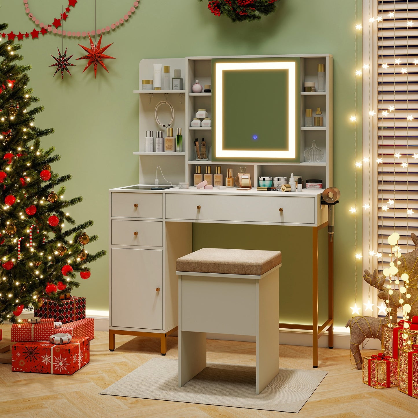 Modern Makeup Vanity with Adjustable LED Mirror, Cabinet and Stool